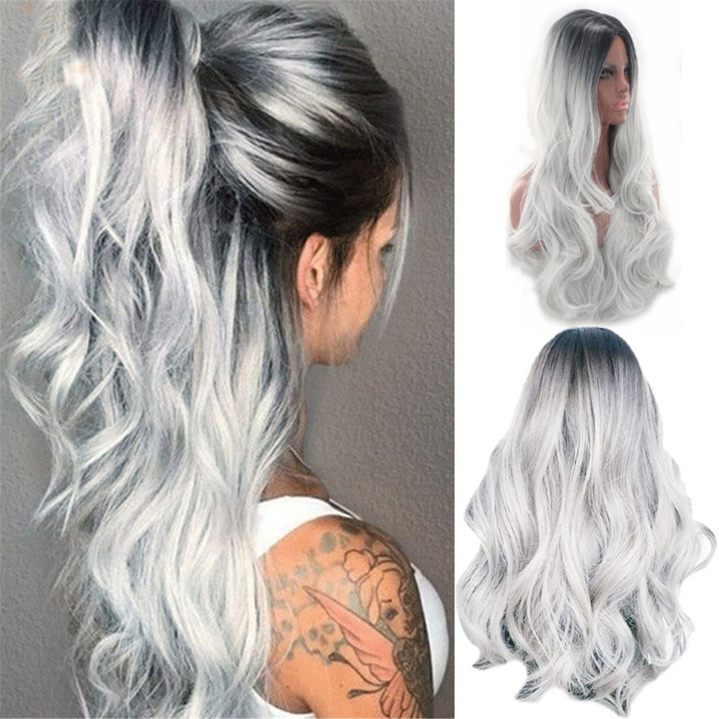 It's A Wig Wigs for Women Full Head Cover Ladies Gray Gradient High Temperature Silk Hair Set Long Big Wave Curly Hair In The Middle Part Dyeing Wig Lace Front for Women(White)