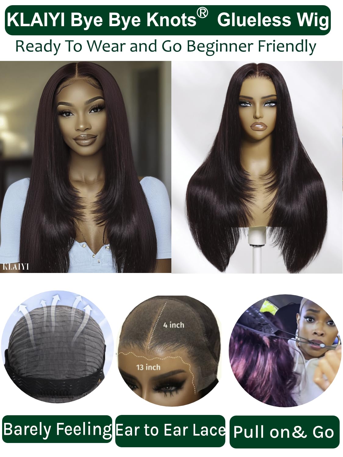 KLAIYI Black Cherry Layered Straight 13x4 Precut Lace Front Wigs Human Hair Bye Bye Knots Glueless Ready to Wear and Go Wig Drawstring Pre Plucked Bleached Dark Burgundy Wine Red Pre Everything 26Inch