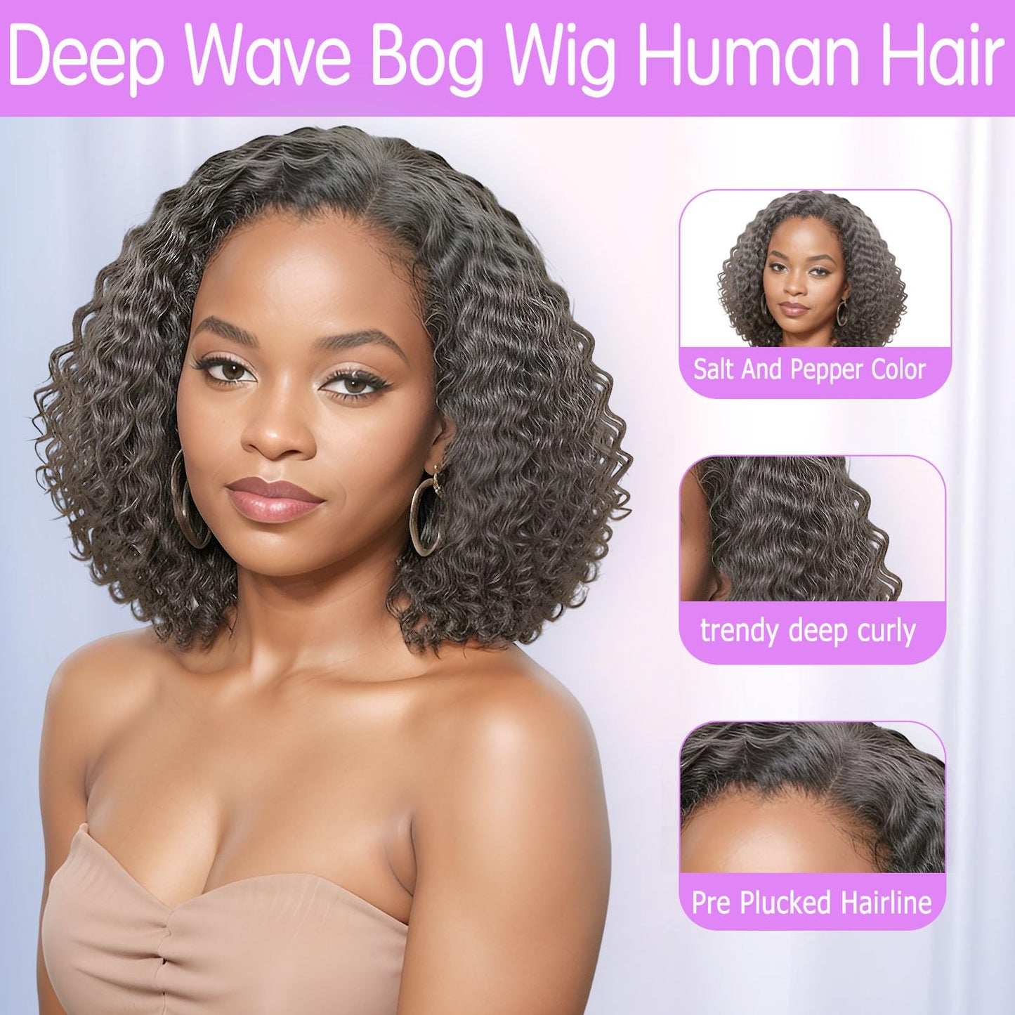 HANASCC Salt and Pepper Grey Wigs Human Hair Bob Wig 13x4 Deep Curly Lace Front Wigs Human Hair Pre Plucked Natural Hairline Gray Human Hair Wig HD Transparent Curly Short Bob Wigs for Women 12 Inch