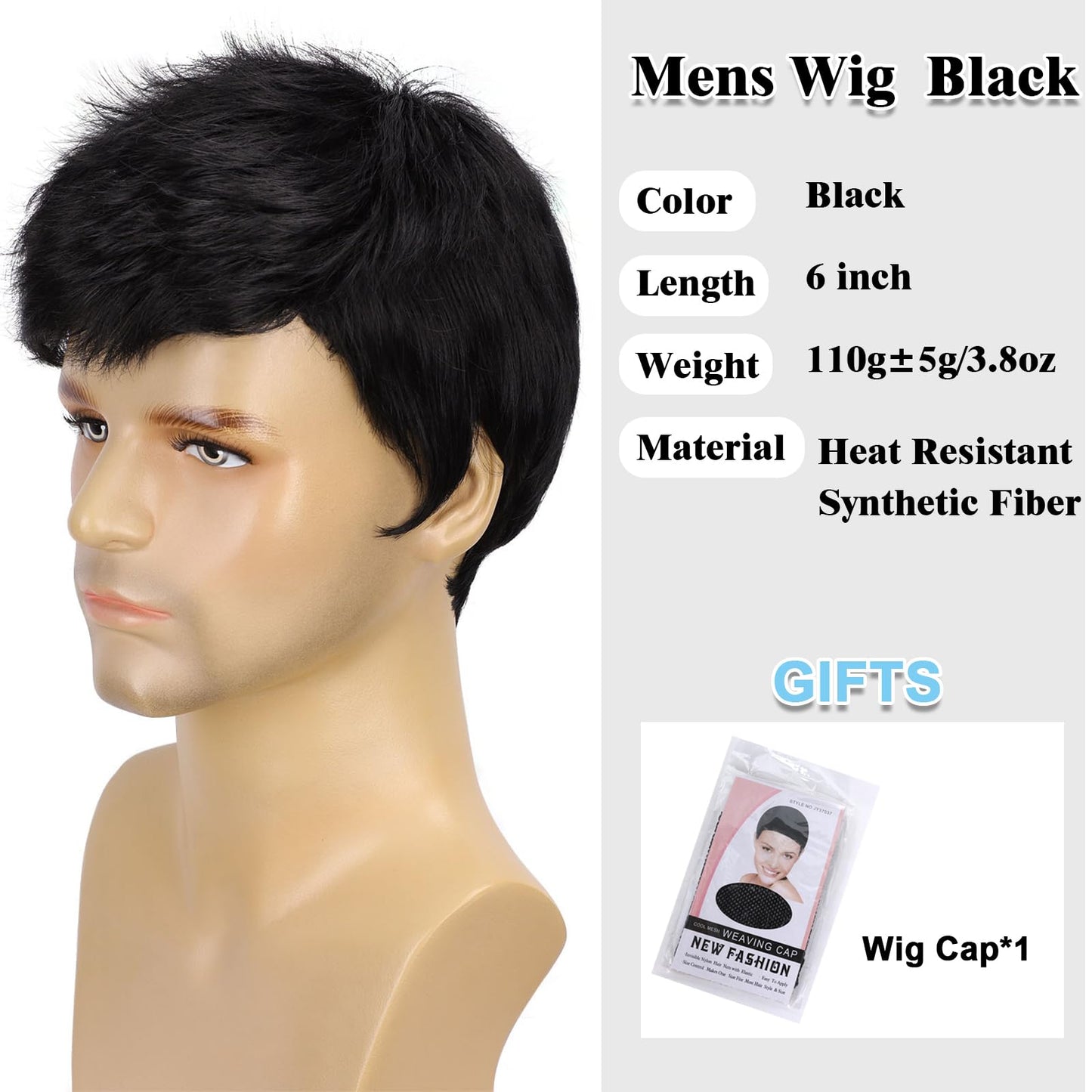 TOPHR Short Mens Wig Black Handsome 6 Inch Heat Resistant Synthetic Straight Male Wigs for Daily Costumes or Halloween Wear