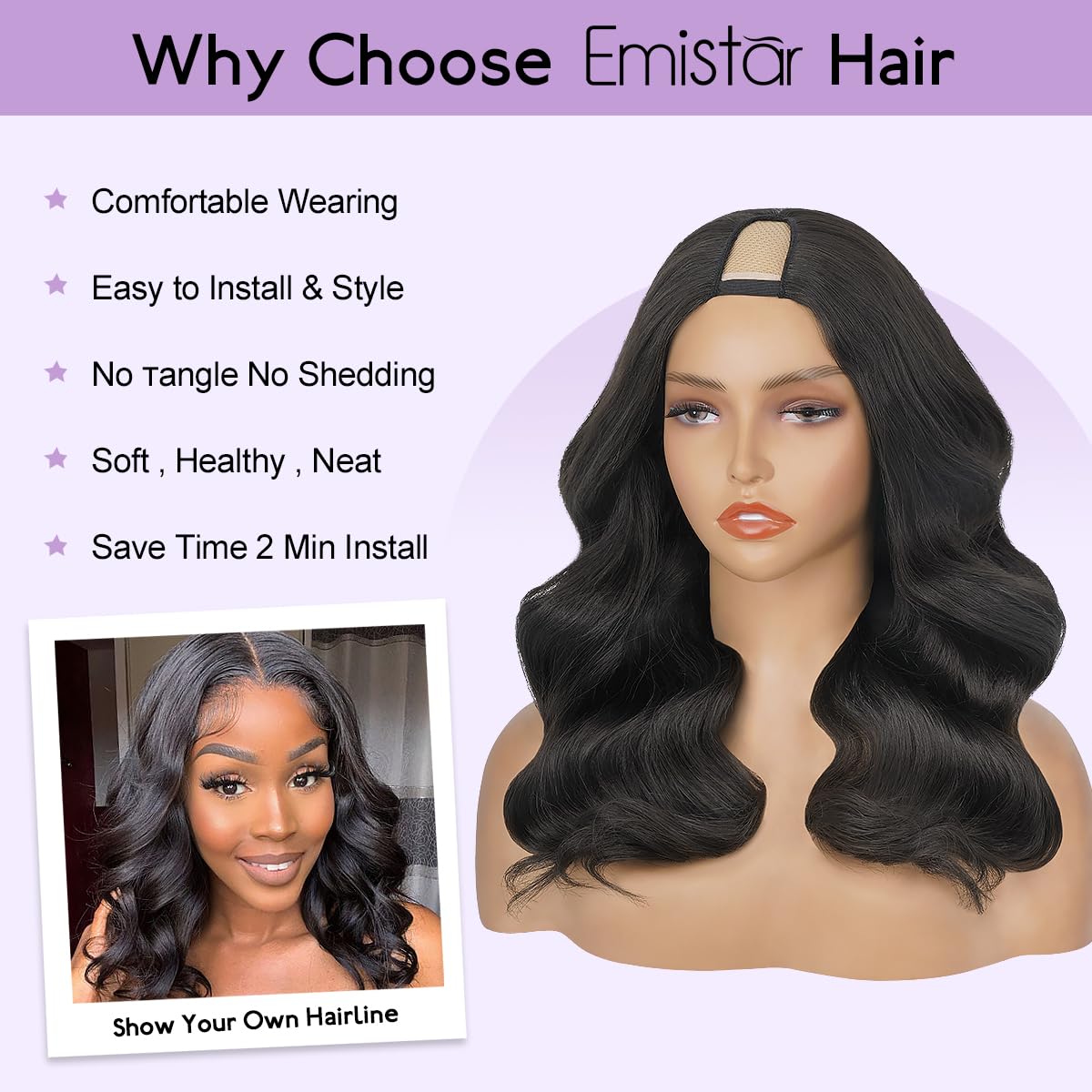 Emistar Long Wave V Part Wig, Natural Looking U Part WigSoft Synthetic Hair as Human Hair, Wear And Go Glueless Half Wigs for Black Women (Black, 14 Inch)