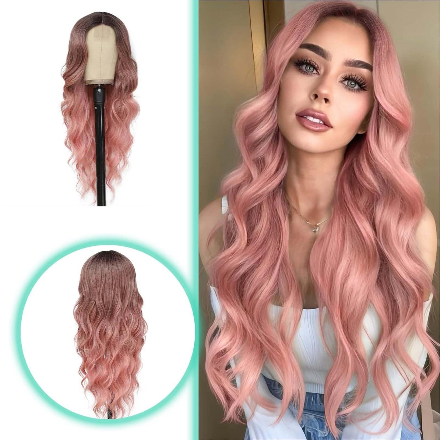 YruYptpaln Deep Wave Lace Front Wigs Wigs Glueless Wear And Go Wet and Wavy Lace Front Wigs Middle Part Wigs for White Women(Pink, One Size)