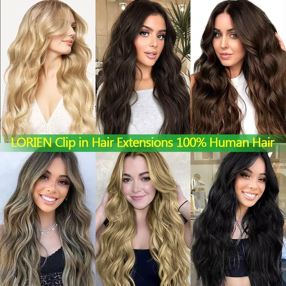 LORIEN Clip in Hair Extensions Real Human Hair, 18 Inch 100g, 2/6 Dark Brown to Chestnut Brown, Clip in 100% Brazilian Remy Human Hair Extensions 8pcs Per Set with 18 Clips Double Weft