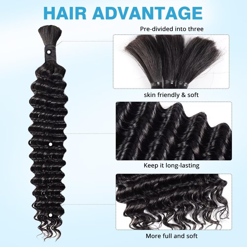 Human Braiding Hair Deep Water Wave Bulk Human Hair 100g 26 Inch Curly Human Hair for Boho Braids Hair Extensions No Weft 2 Braids Per Pack Wet and Wavy Human Hair Braiding Hair Natural Color