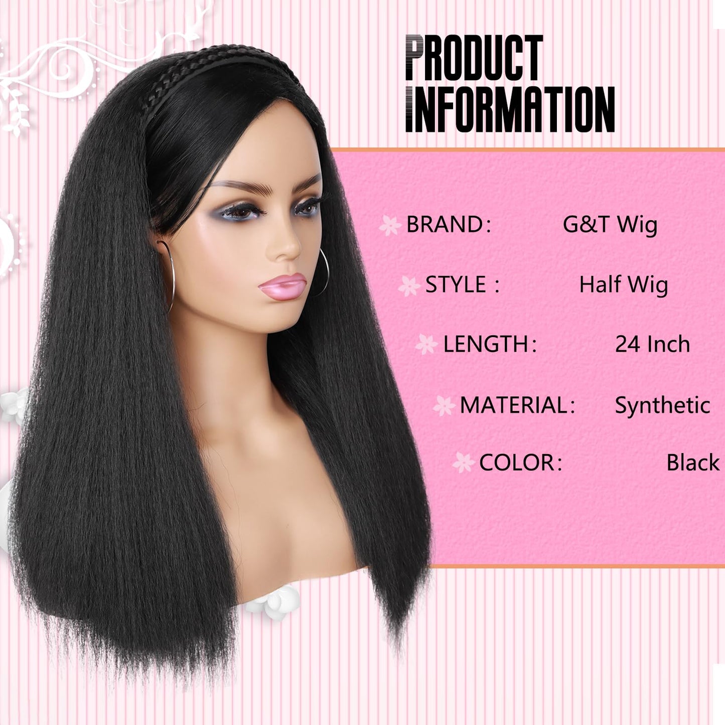 G&T Wig Yaki Straight Half Wig with Braided Hair Band Wear and Go Glueless Wig for Black Women Heat Resistant Synthetic Wigs for Daily Use (24 inch)