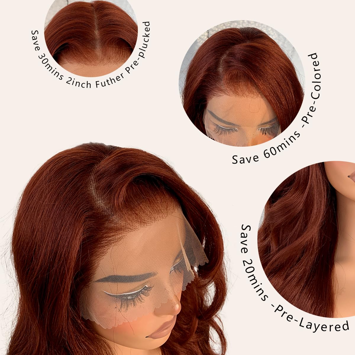 BlackSwern 13x6 HD Glueless Lace Frontal Wig Pre-Plucked 200 Density Reddish Brown Similar Human Hair Synthetic Long Body Wave Lace Front Wig Ready to Wear 26inch#33b Reddish Brown