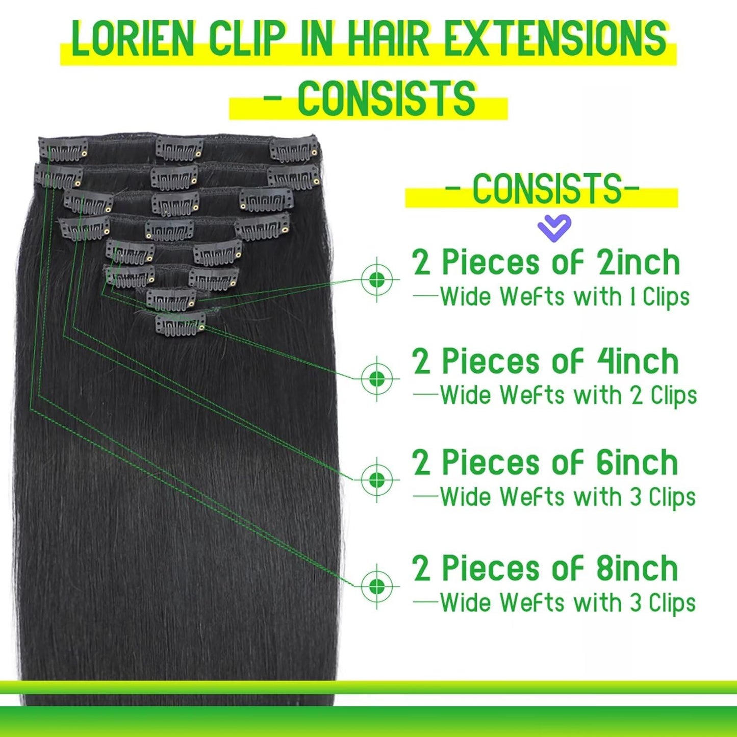 LORIEN Clip in Hair Extensions Real Human Hair, 22 Inch 110g, 1 Jet Black, Clip in 100% Brazilian Remy Human Hair Extensions 8pcs Per Set with 18 Clips Double Weft
