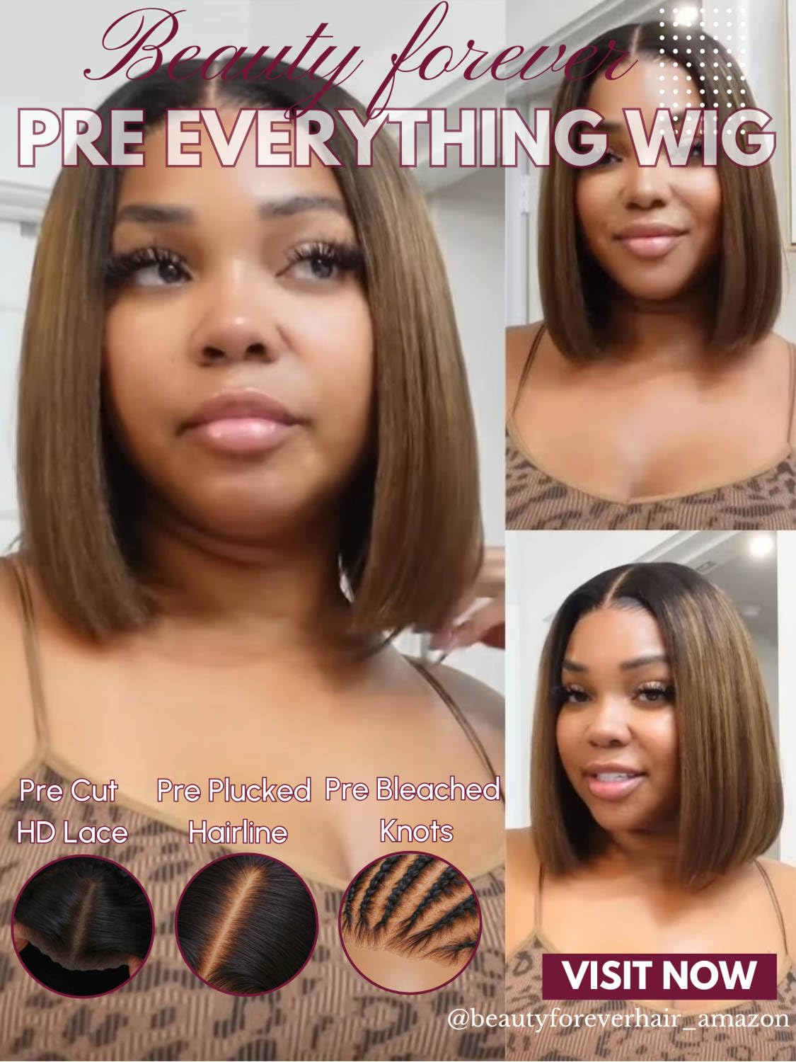 Beauty Forever Bob Drawstring Wig Human Hair Black to Chestnut Brown Yaki Straight Bob Glueless 13x4 Pre Everything Lace Front 150% Density 12 Inch Pre Cut Plucked Bye Bye Knots Ready to Go Short Wig
