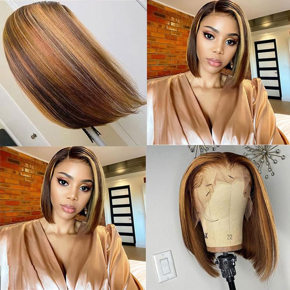 14 Inch Brazilian Straight Hair P4/27 13x4 Lace Front Bob Wig Human Hair 13x4 HD Transparent Lace Frontal Wigs Human Hair 180% Density Highlight Ombre Bob Wigs for Women Glueless Pre Plucked Wig.