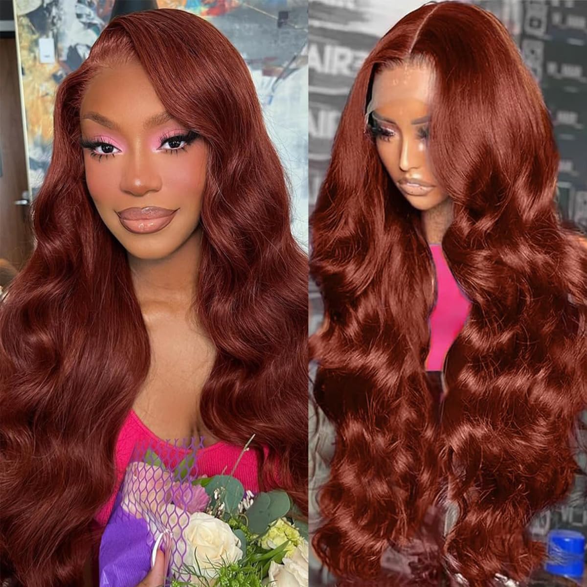 Dewyigs Reddish Brown Lace Front Wigs Human Hair Pre Plucked 13x4 Auburn Colored Human Hair Lace Front Wigs Body Wave Glueless Wigs Human Hair HD Lace Frontal Human Hair Wig 24 Inch