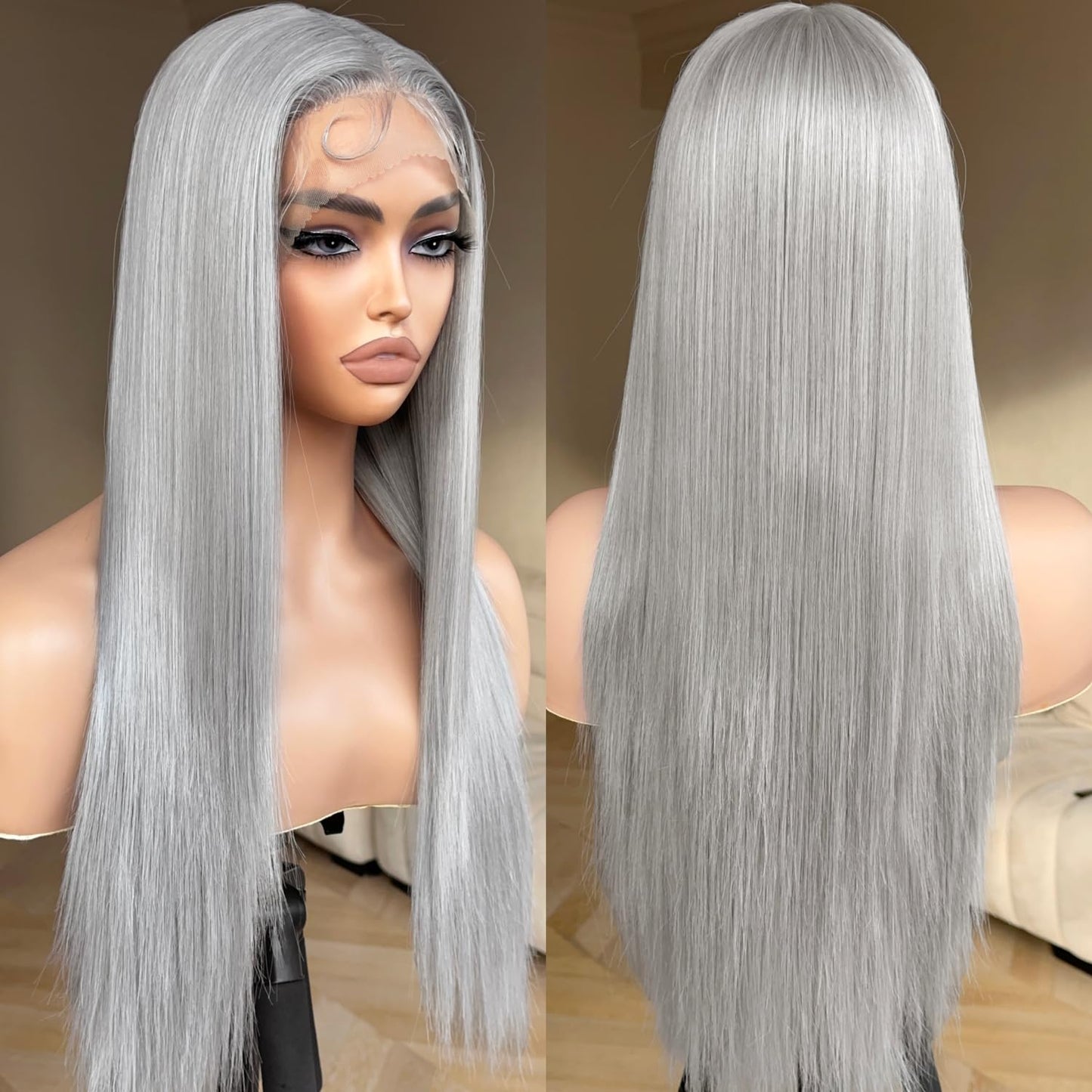 BrownBomb Grey Wig Long Silver Lace Front Wig Pre Plucked Small Knots Ready to Wear, Silver Gray Synthetic Hair Wigs for Women 26inch Long Straight Silver Wig