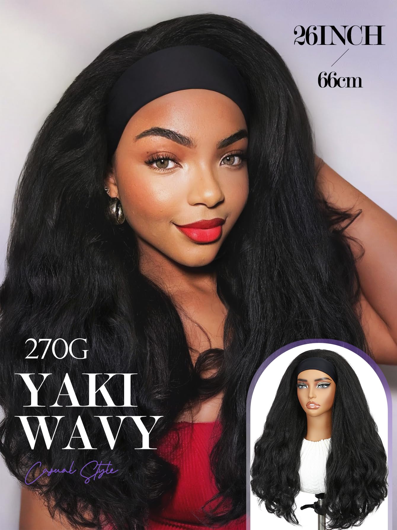 FANCEE Yaki Wavy Headband Wigs Black Kinky Straight Wear and Go Wig with Curly Wavy Ends for Mom on the Go Synthetic Headband Blow Out Style Natural Hair Wig for Black Women