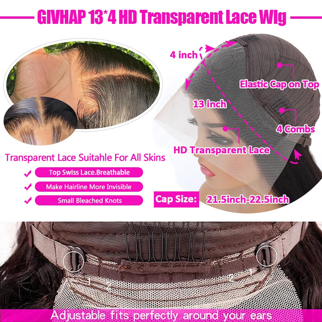 GIVHAP 28 Inch Straight Lace Front Wigs Human Hair Pre-Plucked 180% Density Glueless 13x4 HD Lace Frontal Wigs Human Hair Natural Hairline Brazilian Virgin Human Hair for Black Women with Baby Hair