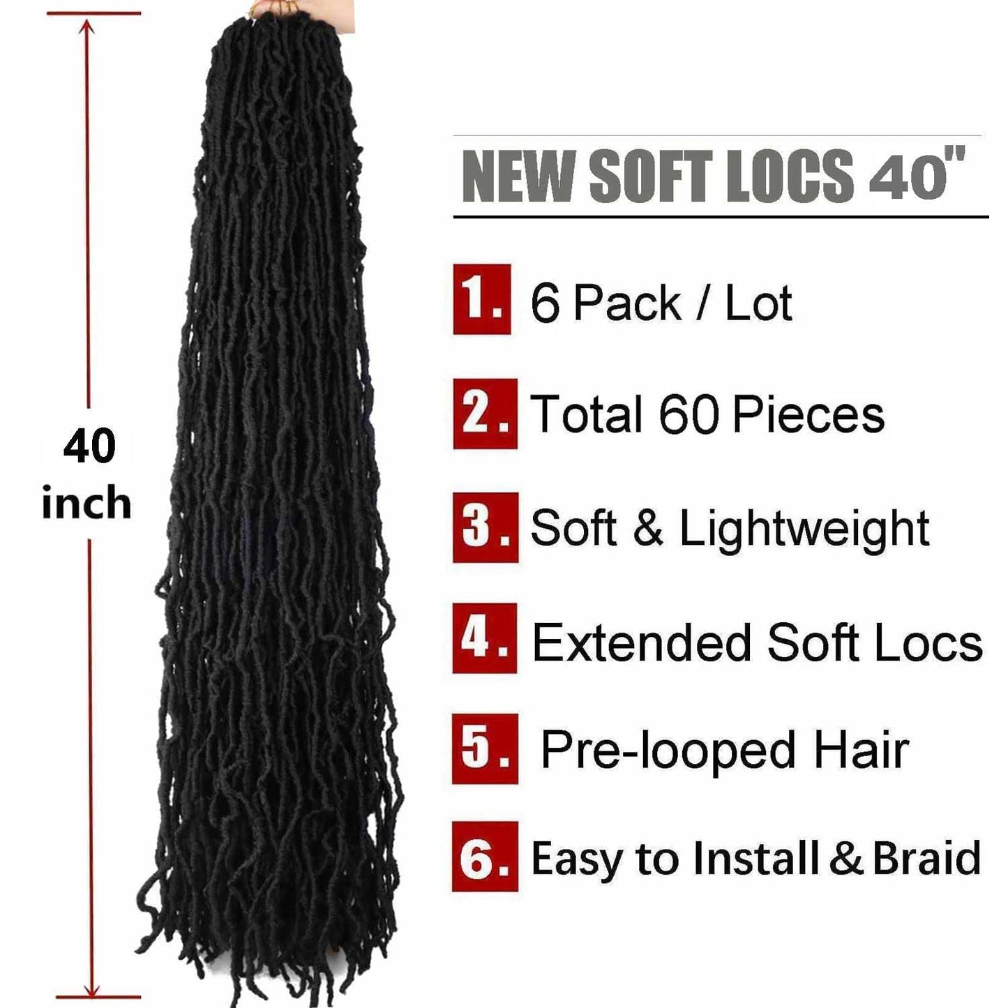 6 Packs Soft Locs Crochet Hair Pre Looped Faux Locs Crochet Braids Goddess Locs Dreadlocs Synthetic Hair For Black Women (1B, 40 Inch (Pack of 6))
