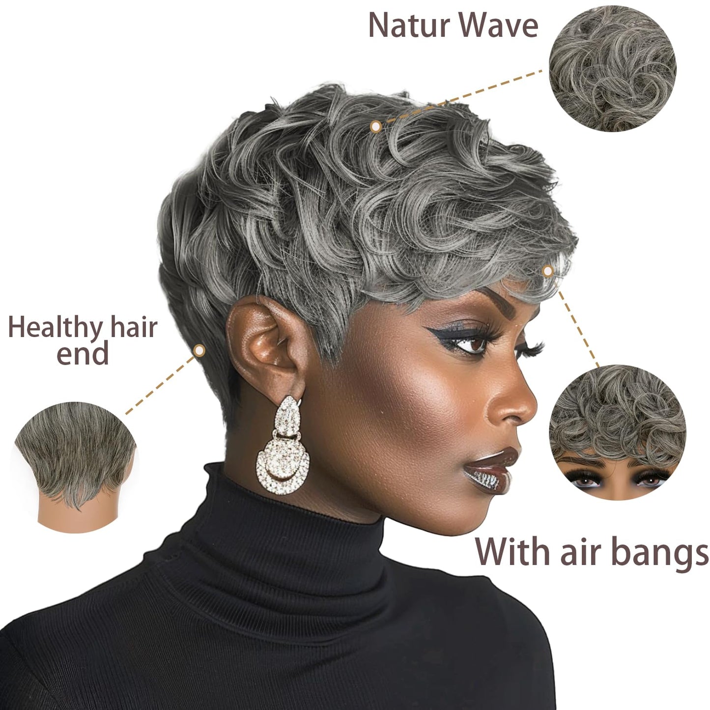BOBCOO Pixie Cut Wig Short Wigs for Black Women Short Pixie cut Wigs for Black Women (Black Mixed With White)