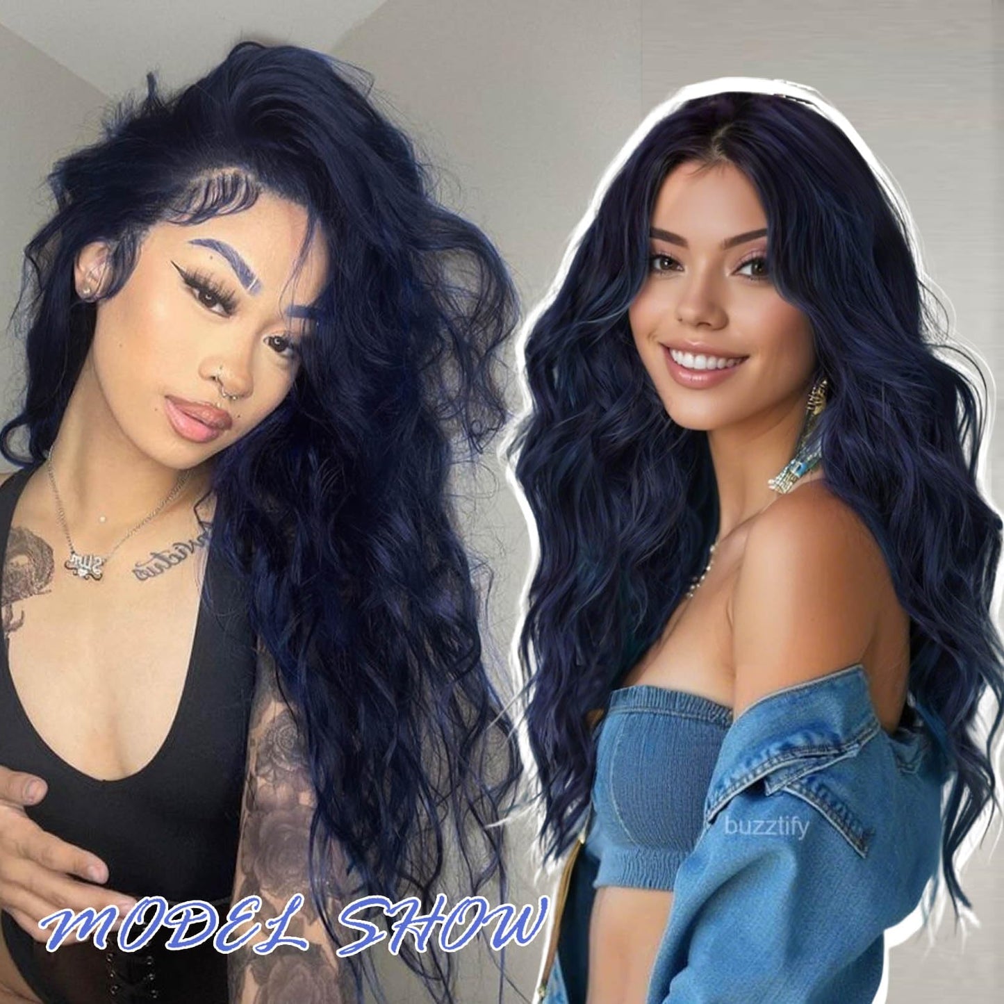 AISI HAIR Dark blue Wigs for Women, Long Wavy Lace Hairline Middle Part Synthetic Heat Resistant Wig for Daily Party-26 Inch
