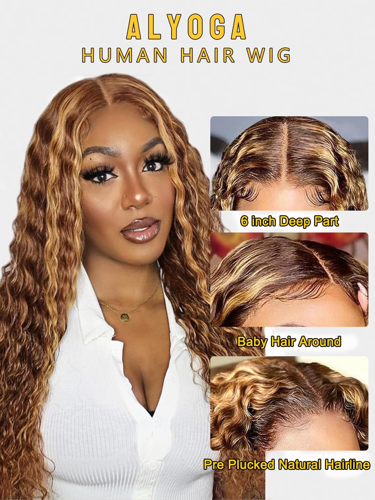 ALYOGA Highlight Wig Human Hair- 200 Density HD Deep Wave Lace Front Wigs, 13x6 Curly Human Hair Wig Pre Plucked 32 inch