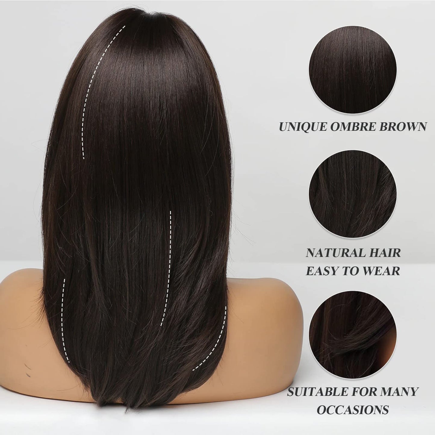Tumhorn Women Long Brown Wigs with bangs Natural Wavy Wigs Curly Hair Wig Heat Resistant Synthetic Wigs for Women