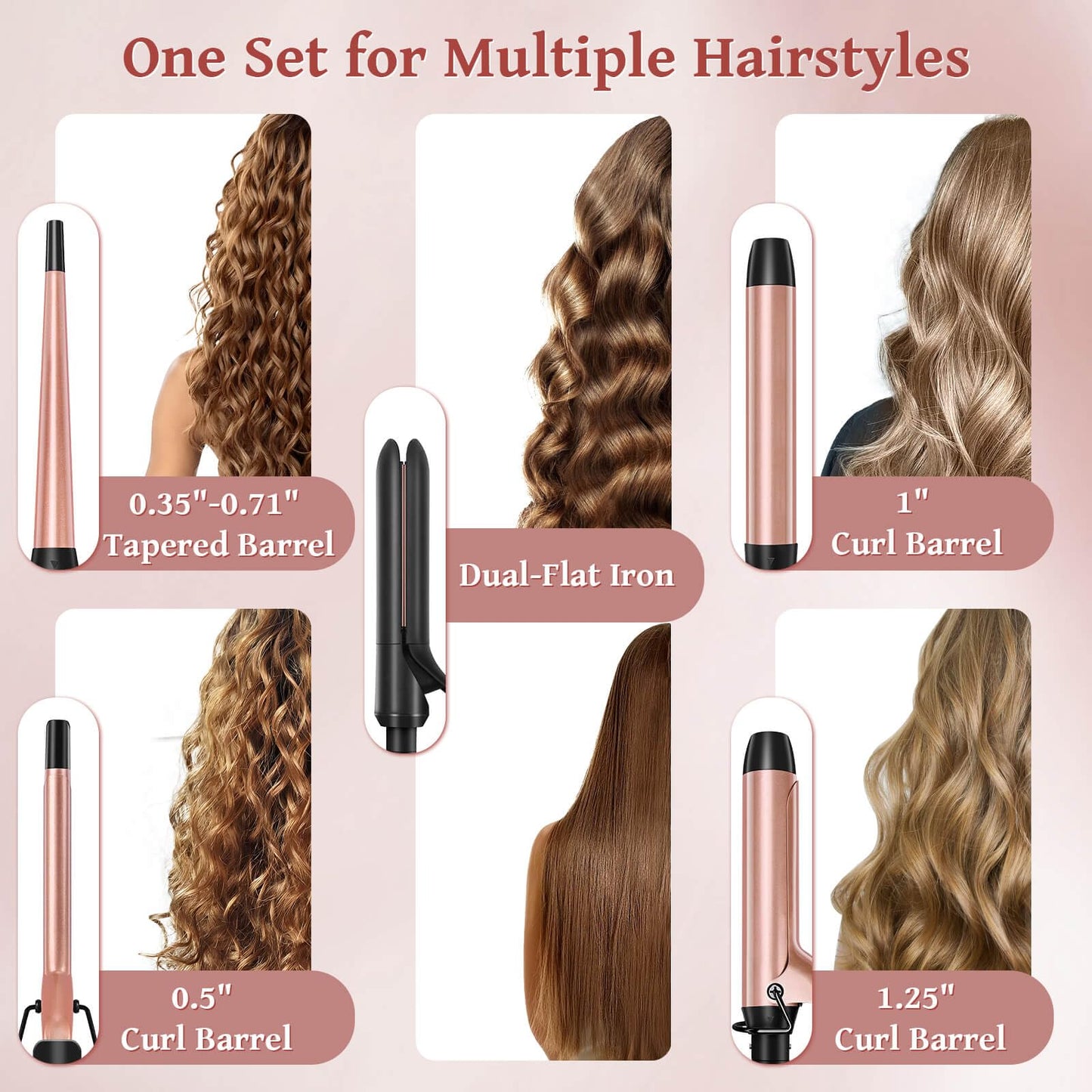 Ufree 5 in 1 Curling Iron with Interchangeable Ceramic Barrels (0.35"-1.25"), Curling Wand Set with Flat Iron Hair Straightener, Professional Instant Heat Up, Dual Voltage Hair Curler, Women Gifts