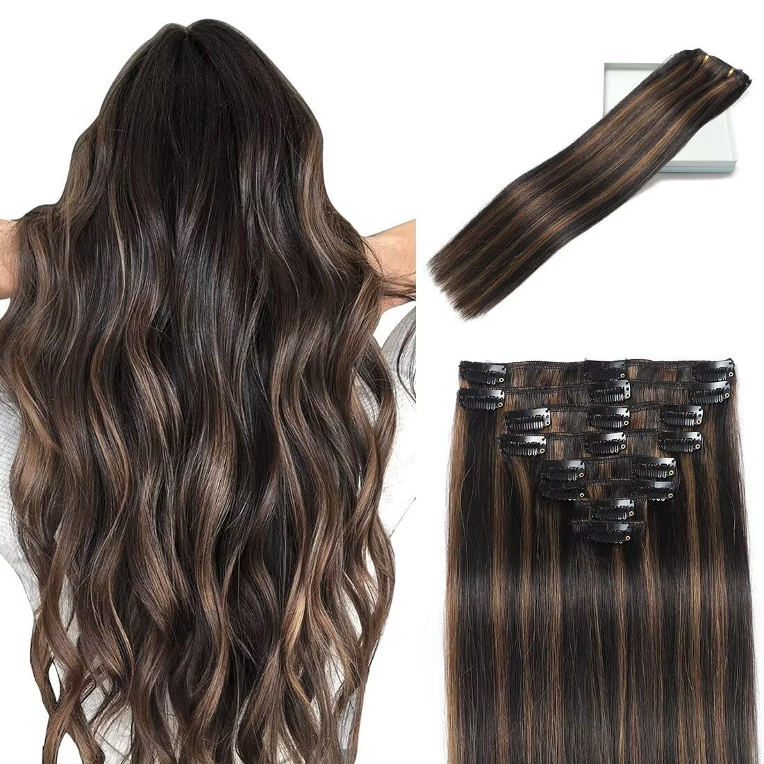 LORIEN Clip in Hair Extensions Real Human Hair, 18 Inch 100g, 1B/6 Natural Black to Chestnut Brown, Clip in 100% Brazilian Remy Human Hair Extensions 8pcs Per Set with 18 Clips Double Weft