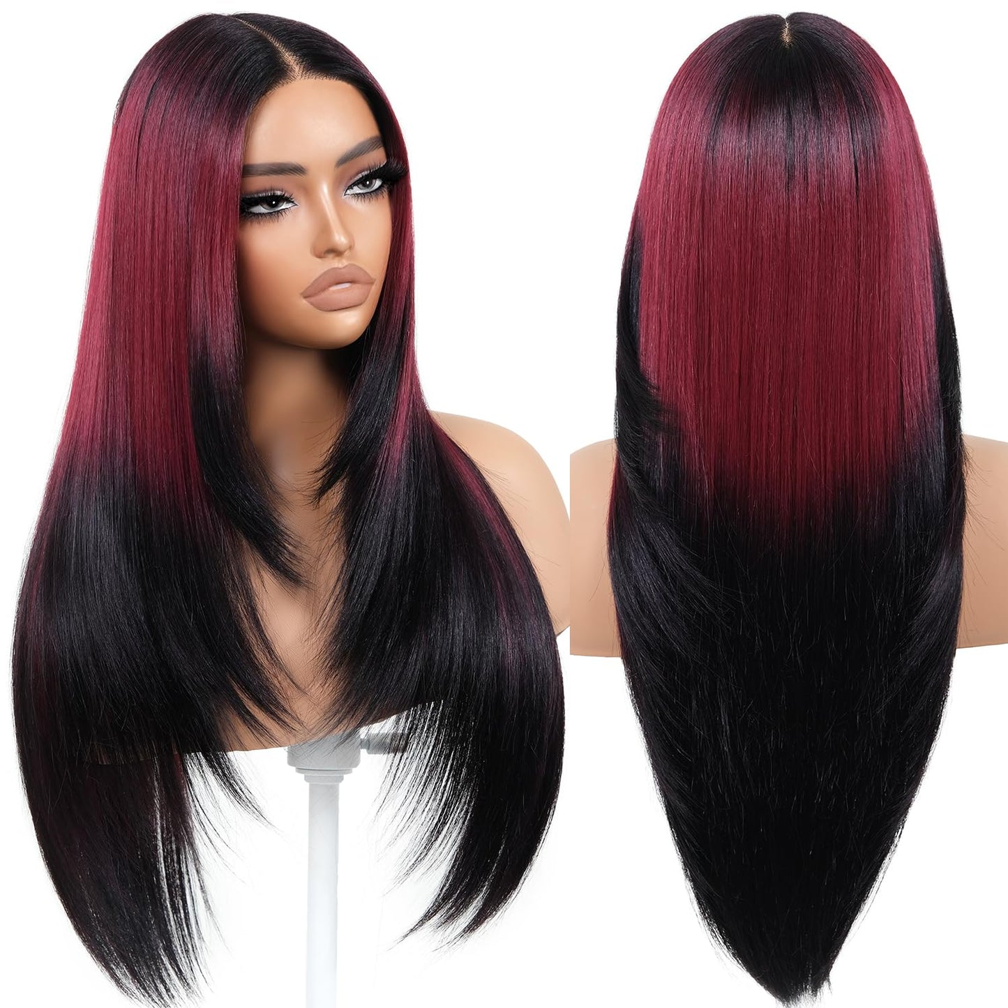 BrownBomb Ombre Red Black Wear and Go Glueless Wigs Pre Plucked Pre Cut for Beginners Synthetic Lace Front Wigs With Bangs Long Straight layered Wigs HD Lace 26 Inch 3 Seconds to Wear for Beginners
