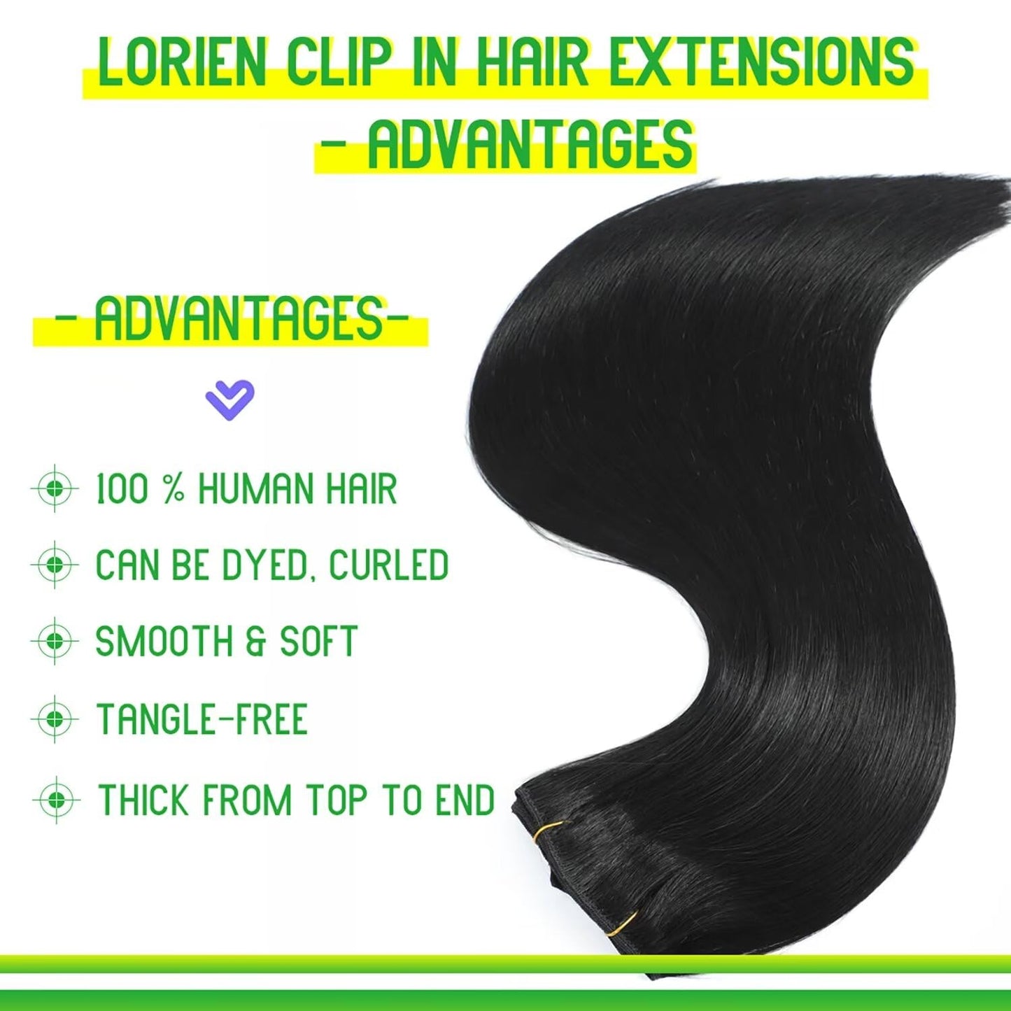 LORIEN Clip in Hair Extensions Real Human Hair, 22 Inch 110g, 1 Jet Black, Clip in 100% Brazilian Remy Human Hair Extensions 8pcs Per Set with 18 Clips Double Weft
