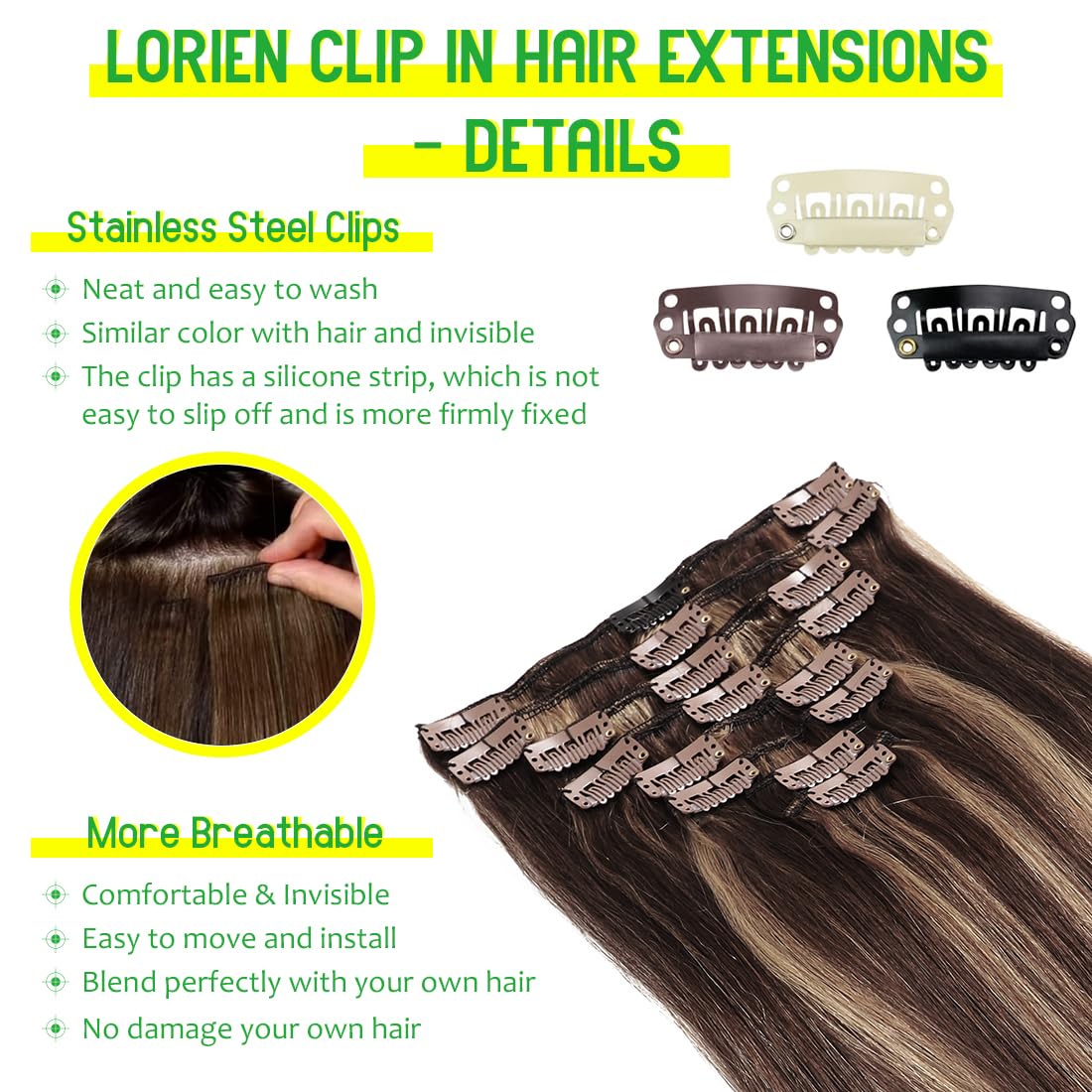 LORIEN Clip in Hair Extensions Real Human Hair, 18 Inch 100g, 2/6 Dark Brown to Chestnut Brown, Clip in 100% Brazilian Remy Human Hair Extensions 8pcs Per Set with 18 Clips Double Weft