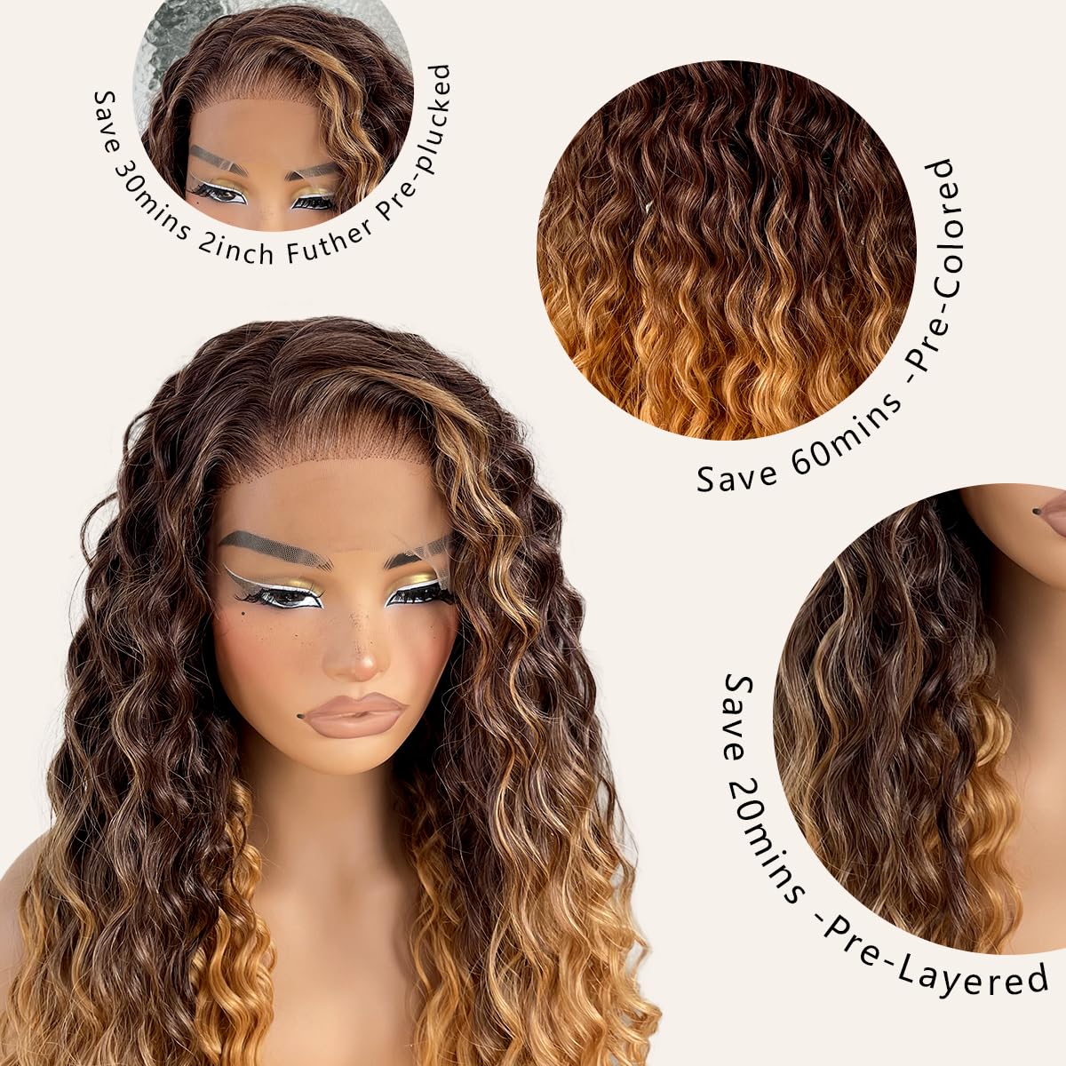 13x6 Omber Brown to Blonde HD Glueless Curly Lace Frontal Wigs Pre-Plucked, Deep Wave Lace Front Wig Similar Human Hair 200 Density, Synthetic Curly Wig for Black Woman Ready to Wear(26 inch)