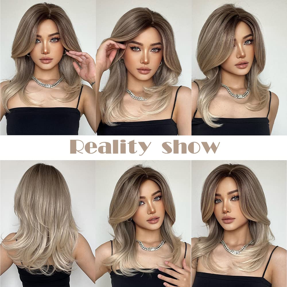 Tumhorn Ombre Blonde Wig for Women Long Wavy Middle Part Synthetic Brown Ombre Blonde Wig for Daily Party 20 Inch Natural Wigs