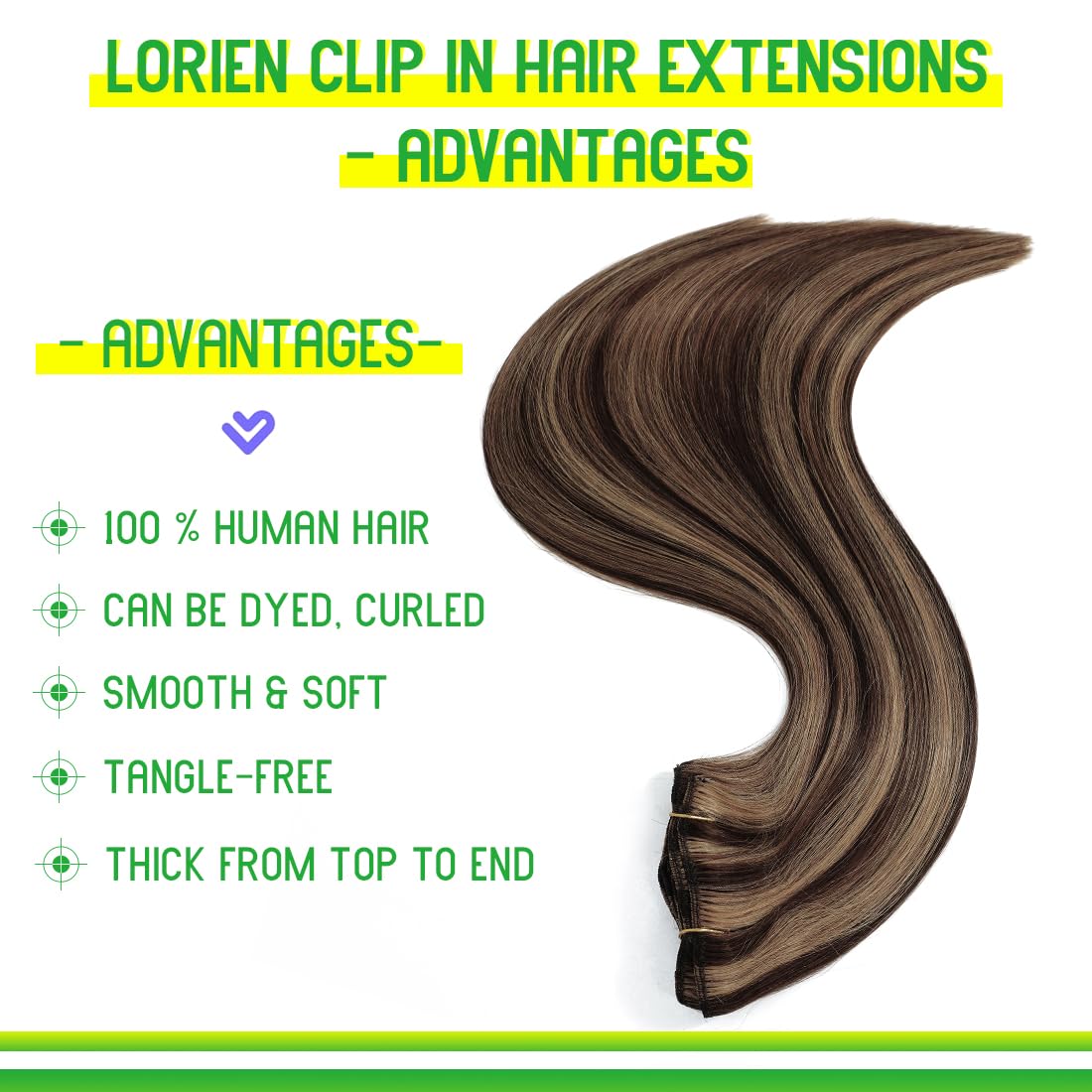 LORIEN Clip in Hair Extensions Real Human Hair, 18 Inch 100g, 2/6 Dark Brown to Chestnut Brown, Clip in 100% Brazilian Remy Human Hair Extensions 8pcs Per Set with 18 Clips Double Weft