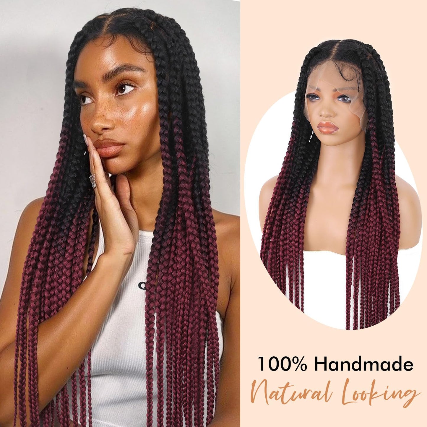 Lady Miranda Full Lace Jumbo Braided Wigs for Black Women Knotless Box Braid Wig with Baby Hair 32" Glueless Wigs Jumbo Box Braids Lace Front Synthetic Wig (1B/BUG)