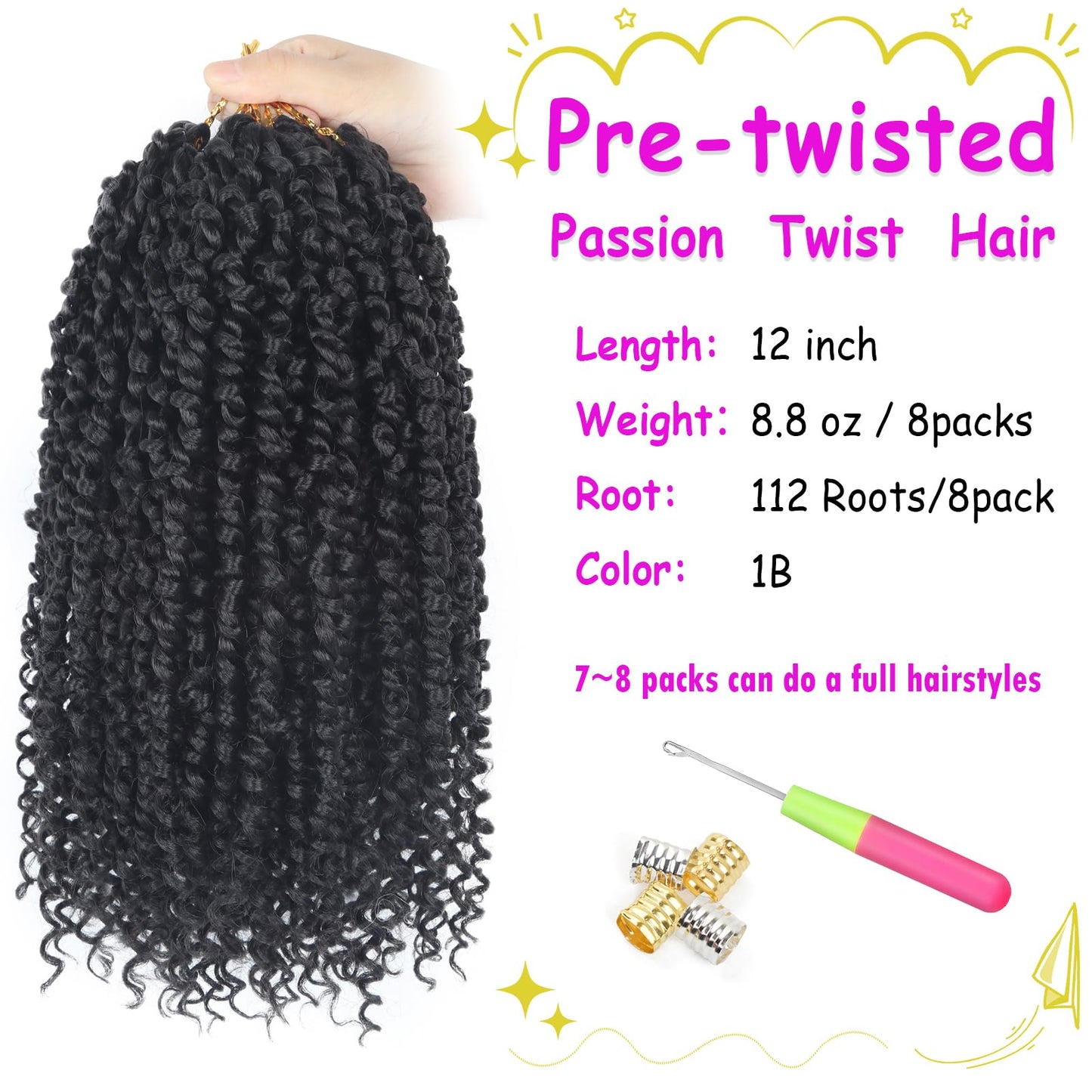 BILEAF Pre-twisted Passion Twist Crochet Hair for Women 8 Packs Curly Crochet Hair Pre Looped 12 Inch Ombre Passion Twist Hair, Short Passion Twists Hair Crochet Passion Twists Crochet Boho Braids 1B