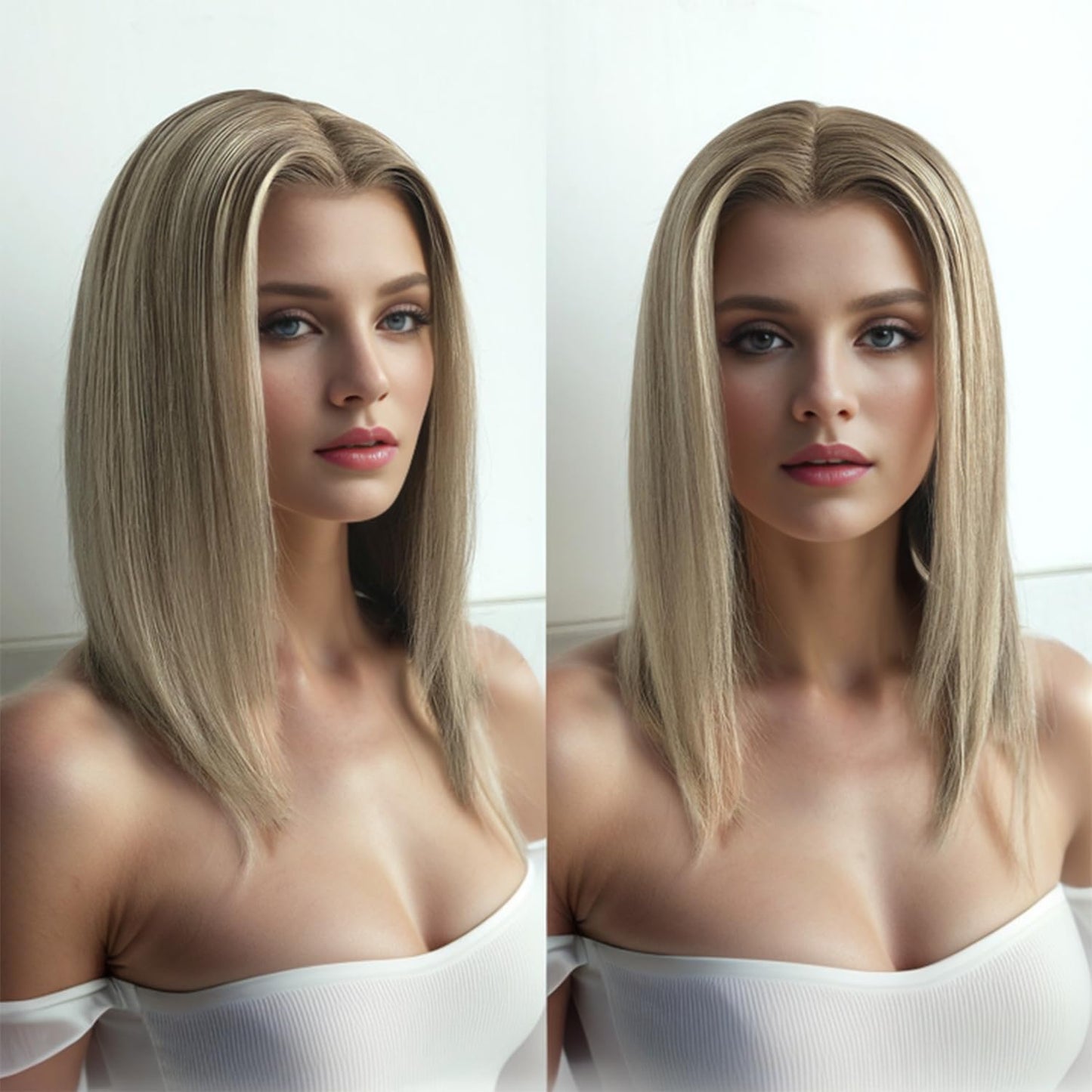 Byluxurious Highlight Ash Blonde Lace Front Wigs Human Hair Pre Plucked Pre Cut Ombre Balayage Brown Straight Soft Short Bob 13x4 UHD Lace Real Human Hair Wig For Women 14Inch 180% Density