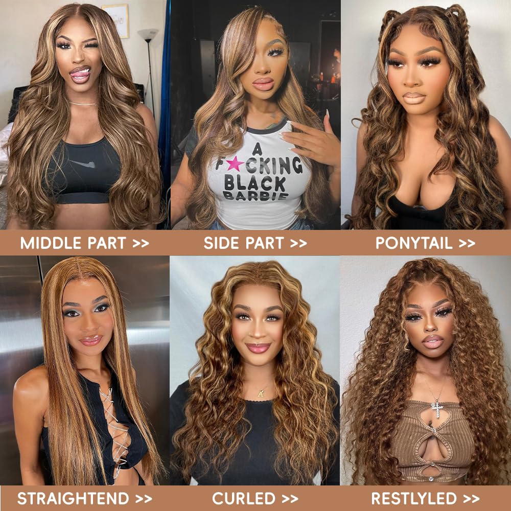 Highlight Ombre Lace Front Wig Human Hair 13x4 Ombre Lace Front Wig Human Hair Pre Plucked 200% Glueless Highlight Body Wave Wigs 30 Inch