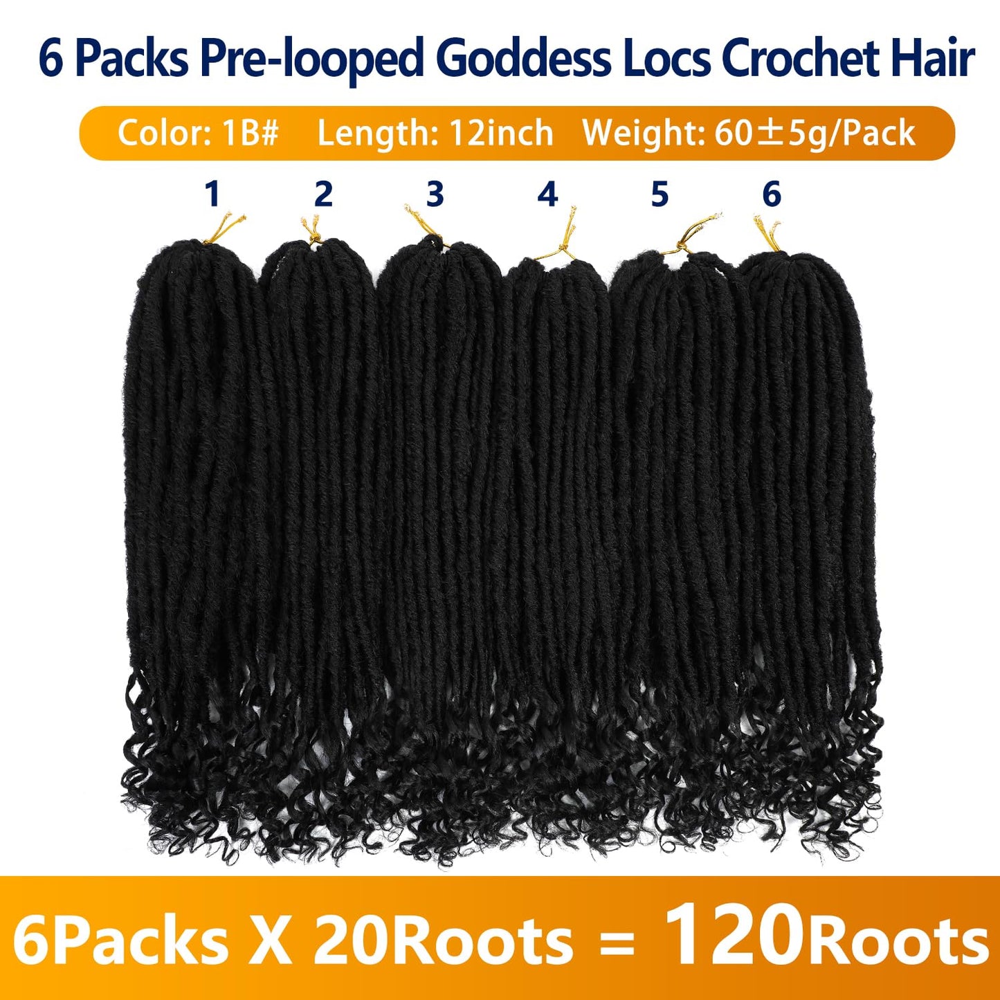6 Packs Goddess Locs Crochet Hair, 12 Inch Straight Faux Locs Crochet Braids, Pre-Looped Curly Soft Synthetic Braiding Hair Extensions for Black Women(12 Inch, 6 Packs, 1B#)