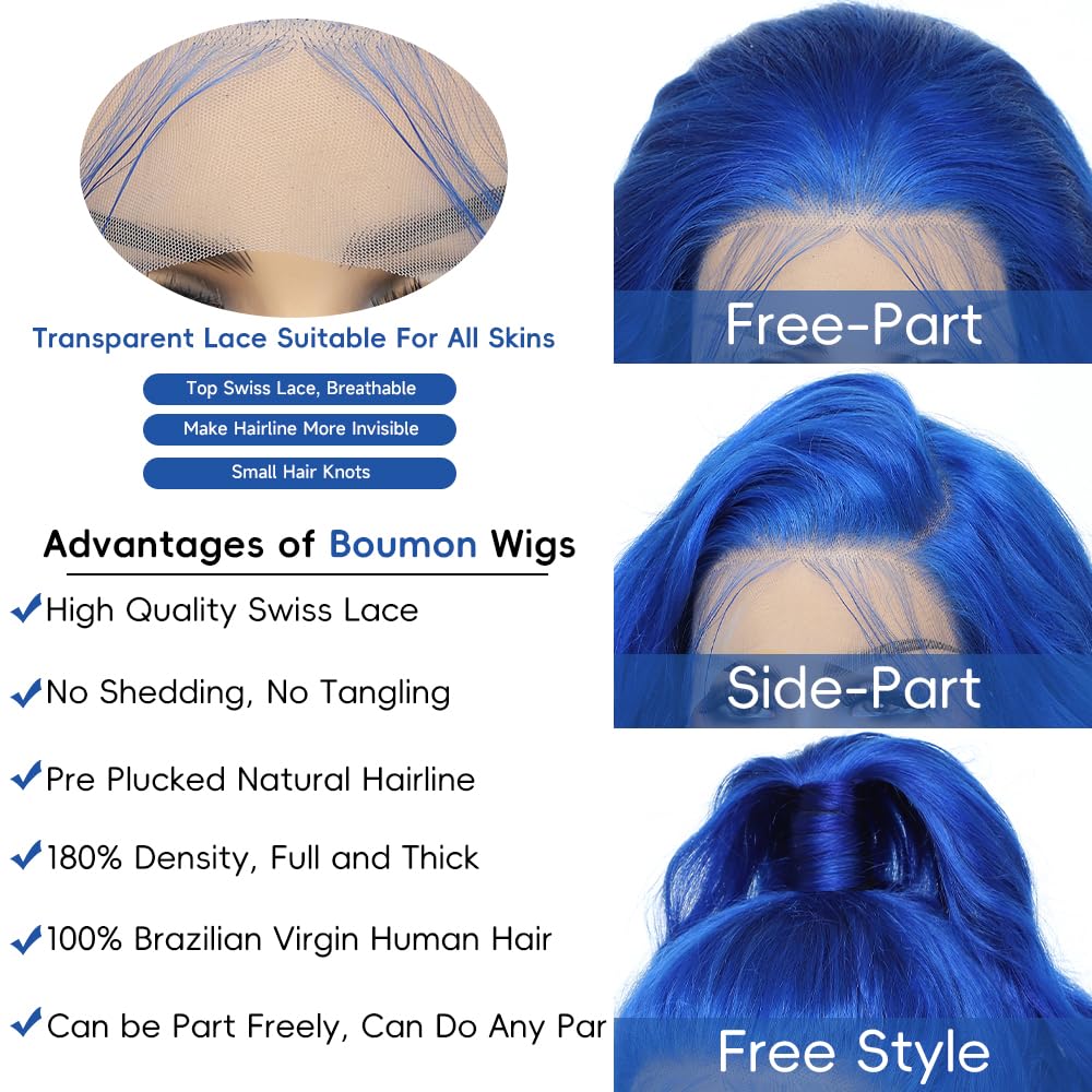 Boumon Blue Lace Front Wig Human Hair 13x4 HD Lace Front Wigs Human Hair Pre Plucked Body Wave 200 Density Human Hair Wig 32 Inch