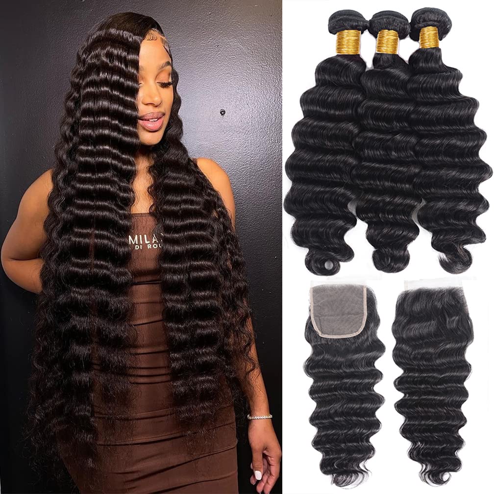 Loose Deep Wave Bundles 26 28 30 with 22 Closure Pre Plucked with Baby Hair Best Brazilian Human Hair Bundles with Closure Loose Deep Unprocessed Virgin Human Hair Bundles with Closure Free Part