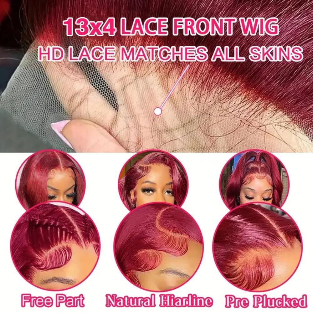 SAIWINI 28 Inch 99j Burgundy Lace Front Wigs Human Hair 13x4 Body Wave Wig 180% Density Glueless Frontal Wigs Human Hair Pre Plucked Brazilian Virgin Human Hair Wigs Colored Wine Red for Women