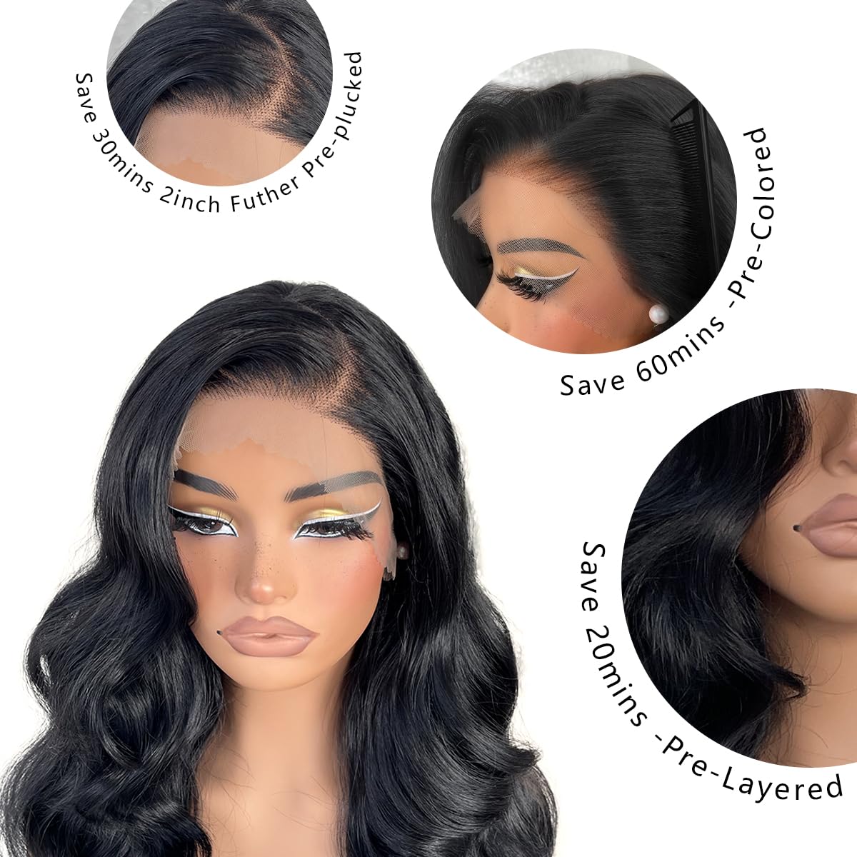 13x6 HD Glueless Lace Frontal Wigs Pre-Plucked, 200 Density Natural Black Similar Human Hair Synthetic Long Body Wave Lace Front Wig Ready to Wear, 26inch #1B