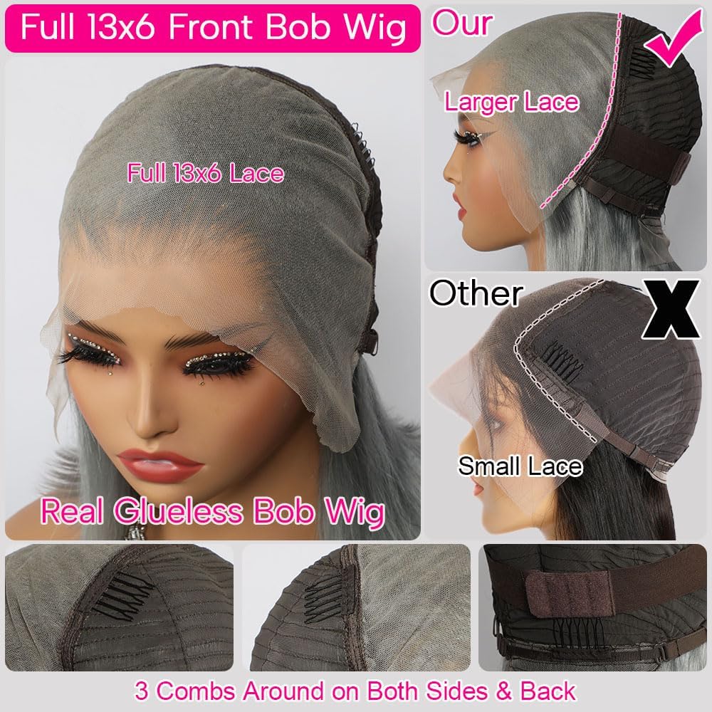 CYSDRH Grey Bob Wig Human Hair Full 13x6 HD Lace Front Wigs 180% Density Short Bob Wigs for Black Women Pre Plucked Pre Cut 12A Unprocessed Brazilian Virgin Human Hair Wigs - 12 Inch Grey Bob Wig