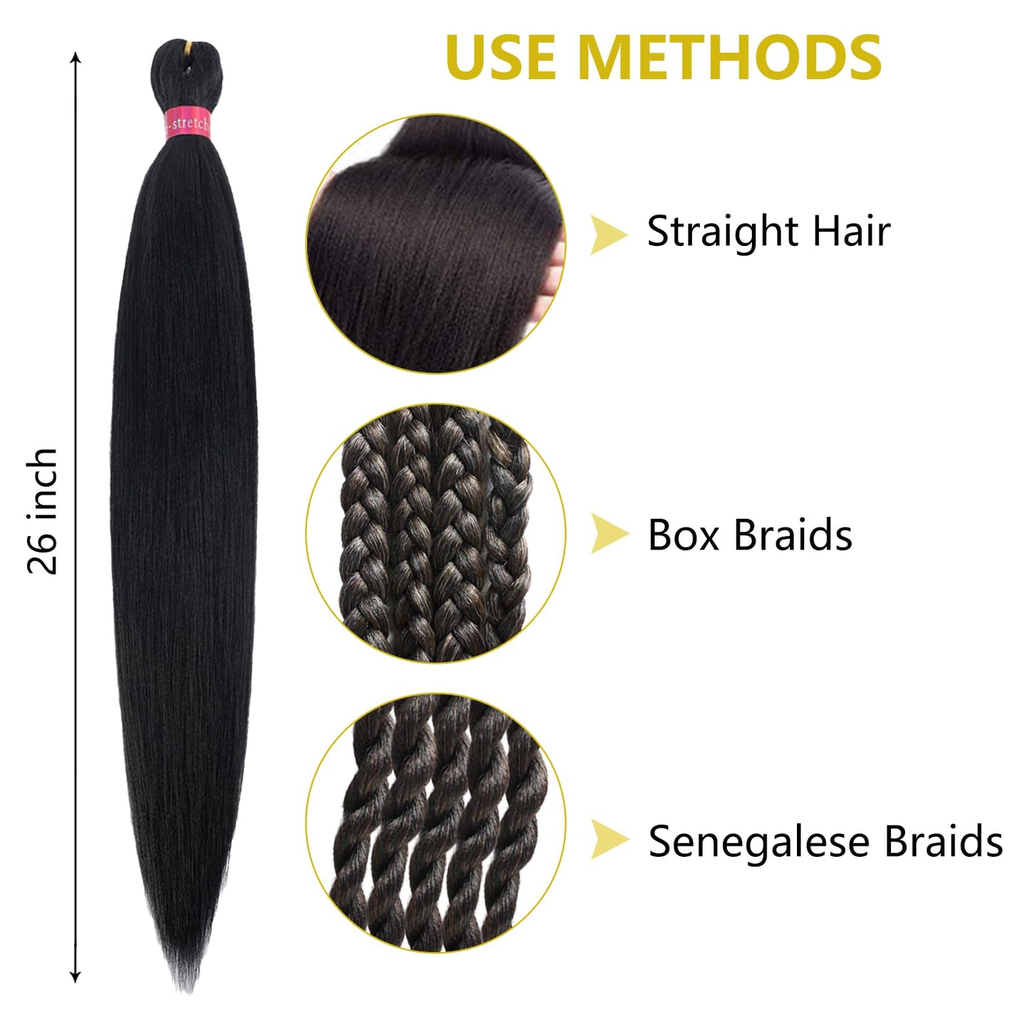 Black Braiding Hair Pre Stretched 2 Packs Kanekalon Box Braids Hair Extensions 26 Inches Synthetic Pre Stretched Braiding Hair