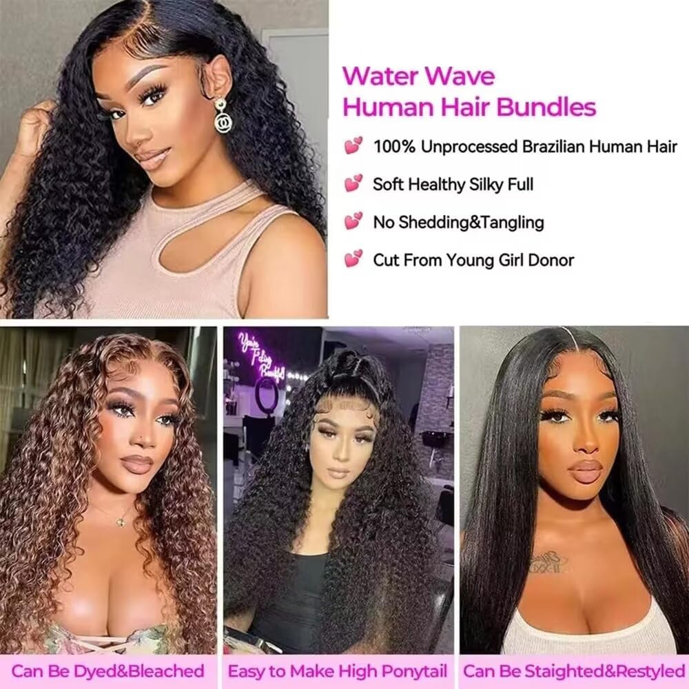 Yavida Water Wave Human Hair Bundles Wet and Wavy Human Hair Bundles Brazilian Unprocessed Remy Hair Water Wave Weave Extensions 22 24 26 Inch Natural Black