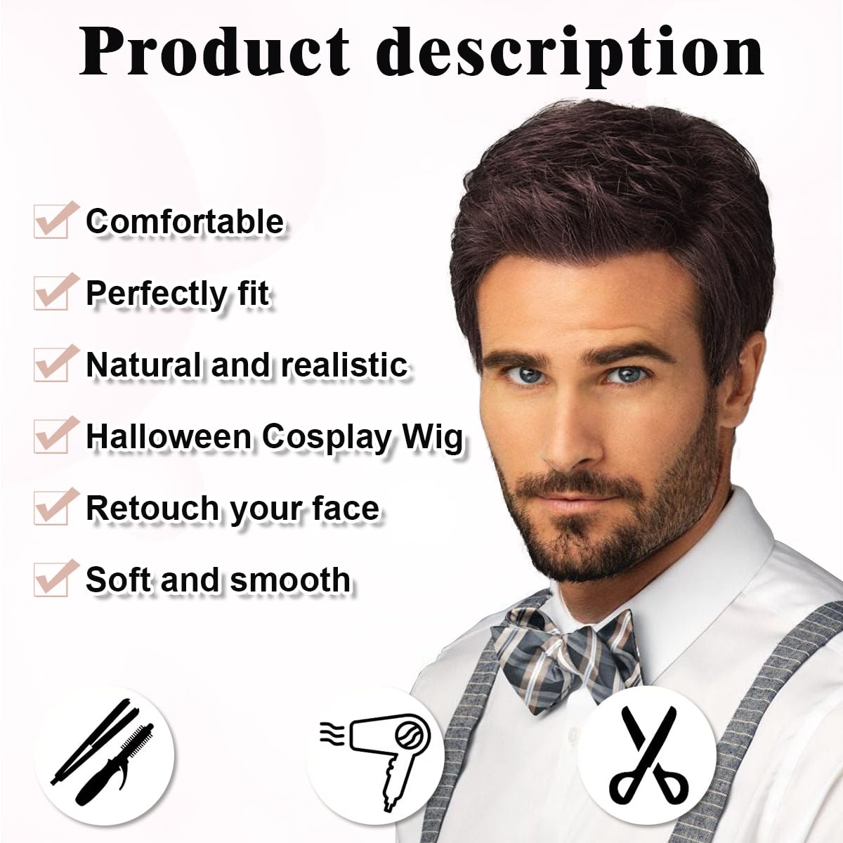 TOPHR Short Mens Wig Handsome Reddish Brown 6 Inch Heat Resistant Synthetic Straight Male Wigs for Daily Costumes or Halloween Wear