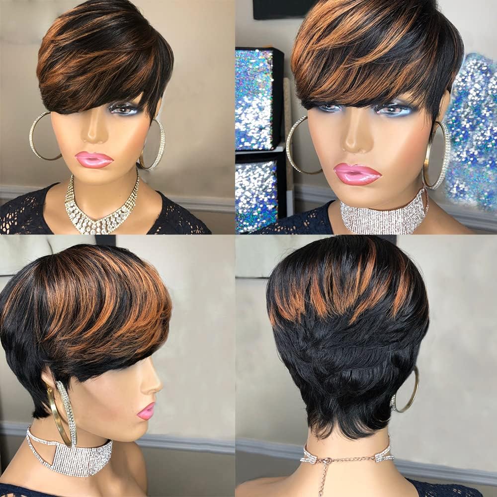 Flandi Pixie Cut Wigs for Black Women Pixie Cut Wig Human Hair Short Layered Wigs Full Machine Made Short Haircut Wig Glueless with Bangs Black with Brown F1B33
