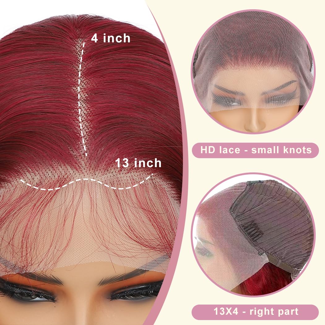 Koreyo Lace Front Wig Pre Plucked 13x4 HD Glueless Honey Blonde Lace Front Wig for Women Natural Looking Synthetic Heat Resistant Fiber Lace Wig (26 Inch) (Wine Red)
