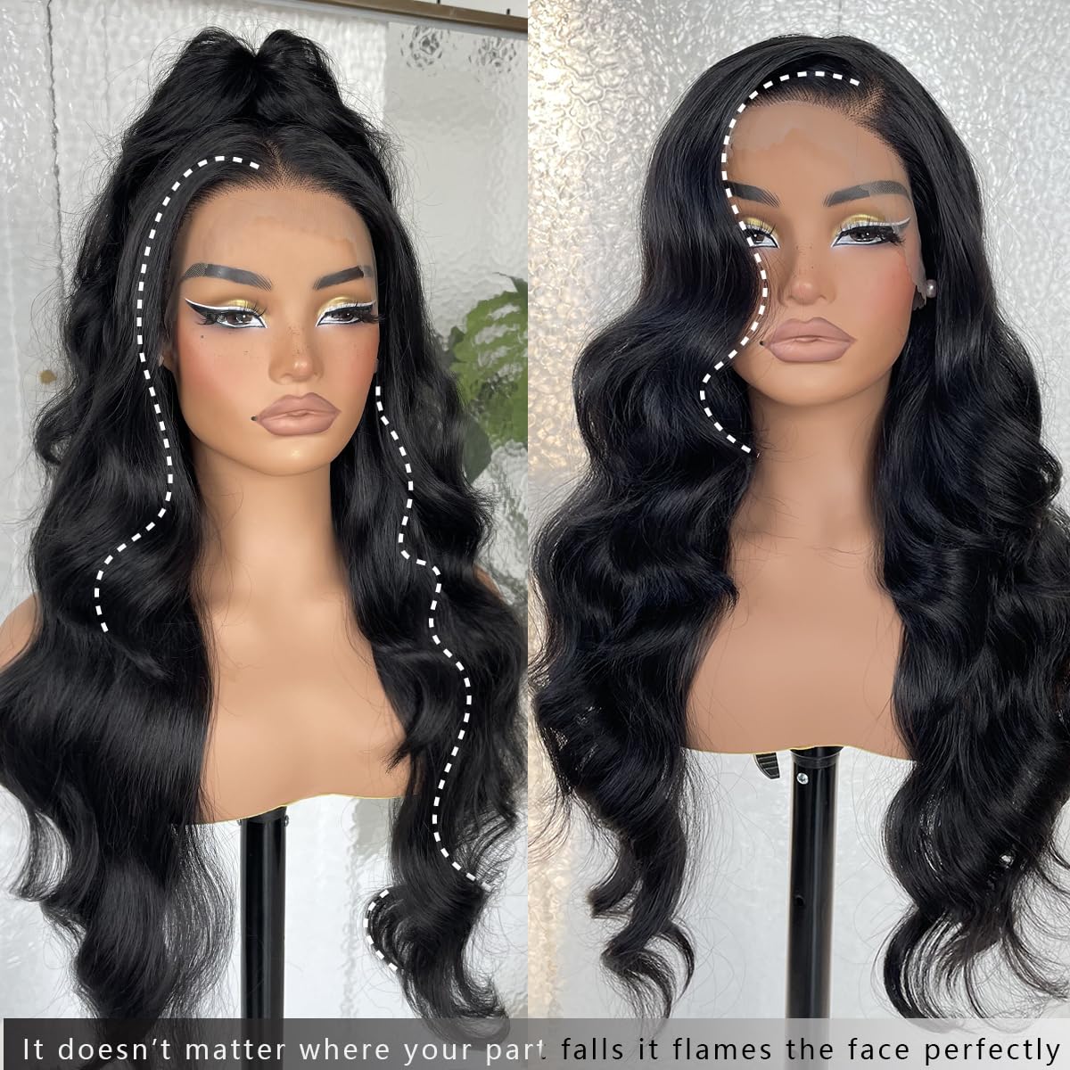 13x6 HD Glueless Lace Frontal Wigs Pre-Plucked, 200 Density Natural Black Similar Human Hair Synthetic Long Body Wave Lace Front Wig Ready to Wear, 26inch #1B