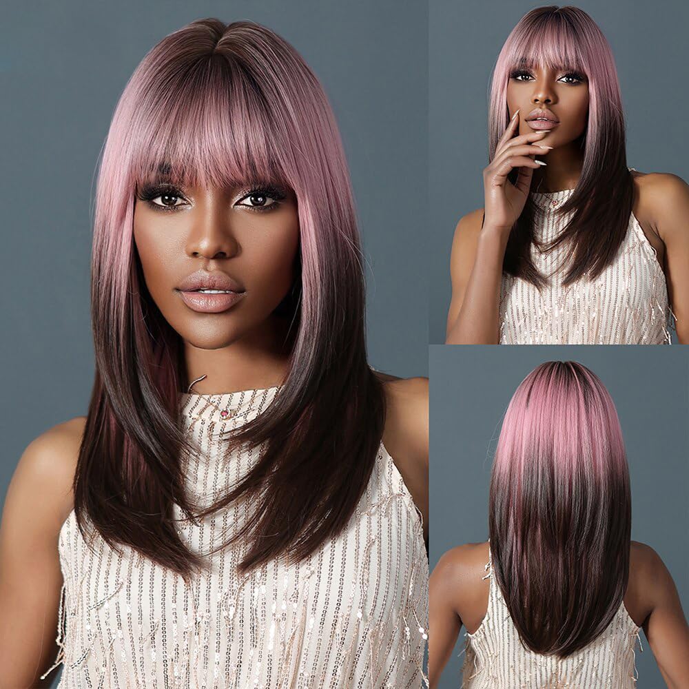 Tumhorn Long Ombre Brown and Pink Wigs for Women Straight Synthetic Wig with Bangs Brown Highlight Hair Replacement Wigs
