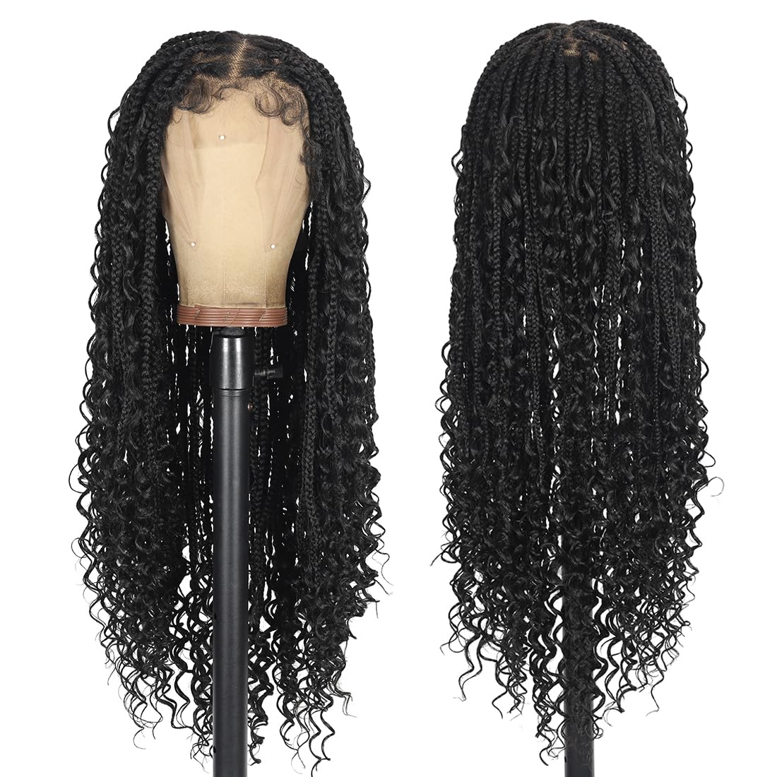 28 Inch Lace Front Braided Wigs for Black Women Knotless Braids Wigs Bohemian Boho Braids Goddess Box Braided Wig with Baby Hair (Black, 28 inch)