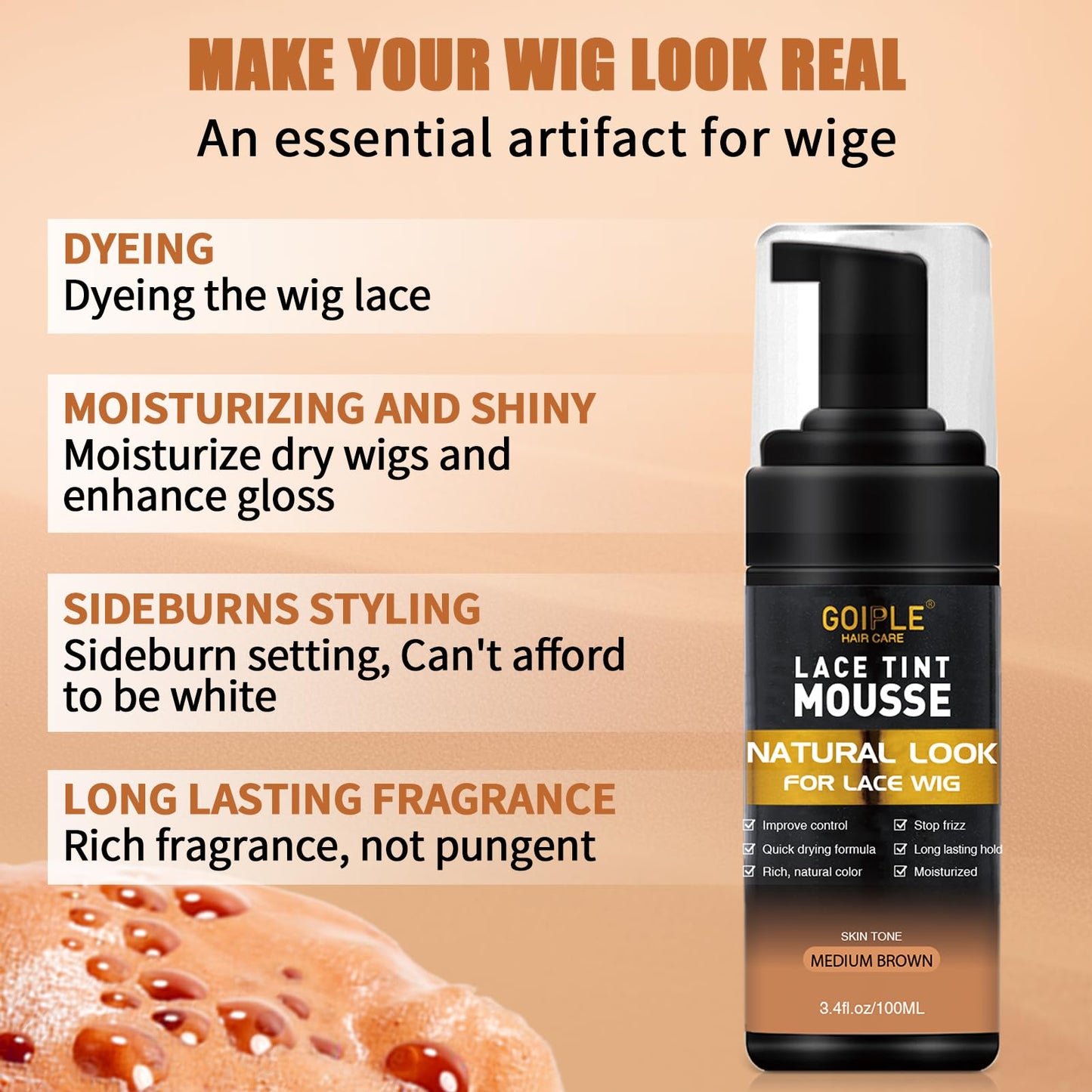 Lace Tint Mousse Wig Milk Spray for Synthetic Hair, Leave-in Conditioner Spray Conditioner & Detangler Moisturizer, Wig Glue for Lace Front Wigs Strong Hold Hair Adhesive Wigs Accessory Essentials Kit