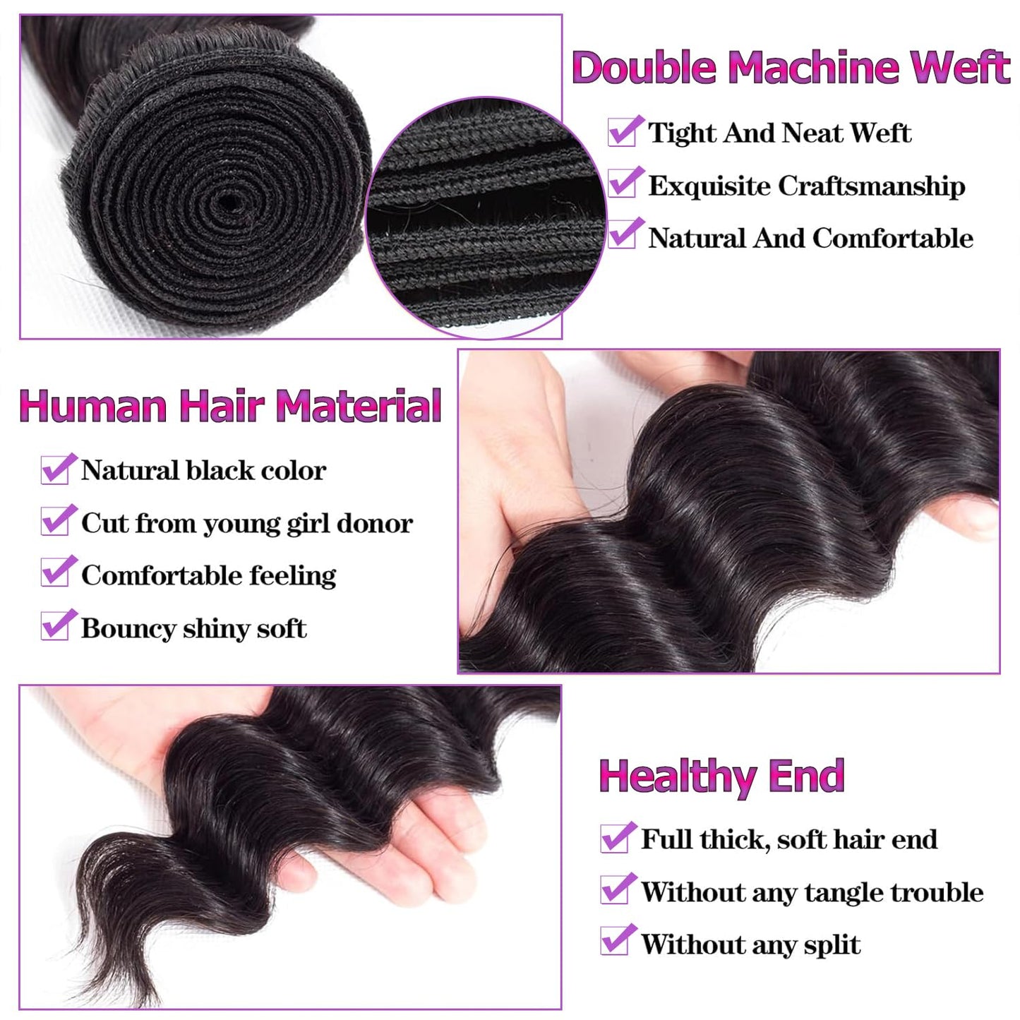 Beaushine Human Hair Bundles with Closure Loose Deep Wave Bundle Human Hair(12 14 16+12), 10A Loose Deep Wave Bundles and Closure Unprocessed Brazilian Remy Virgin Human Hair Weave Bundle with Closure